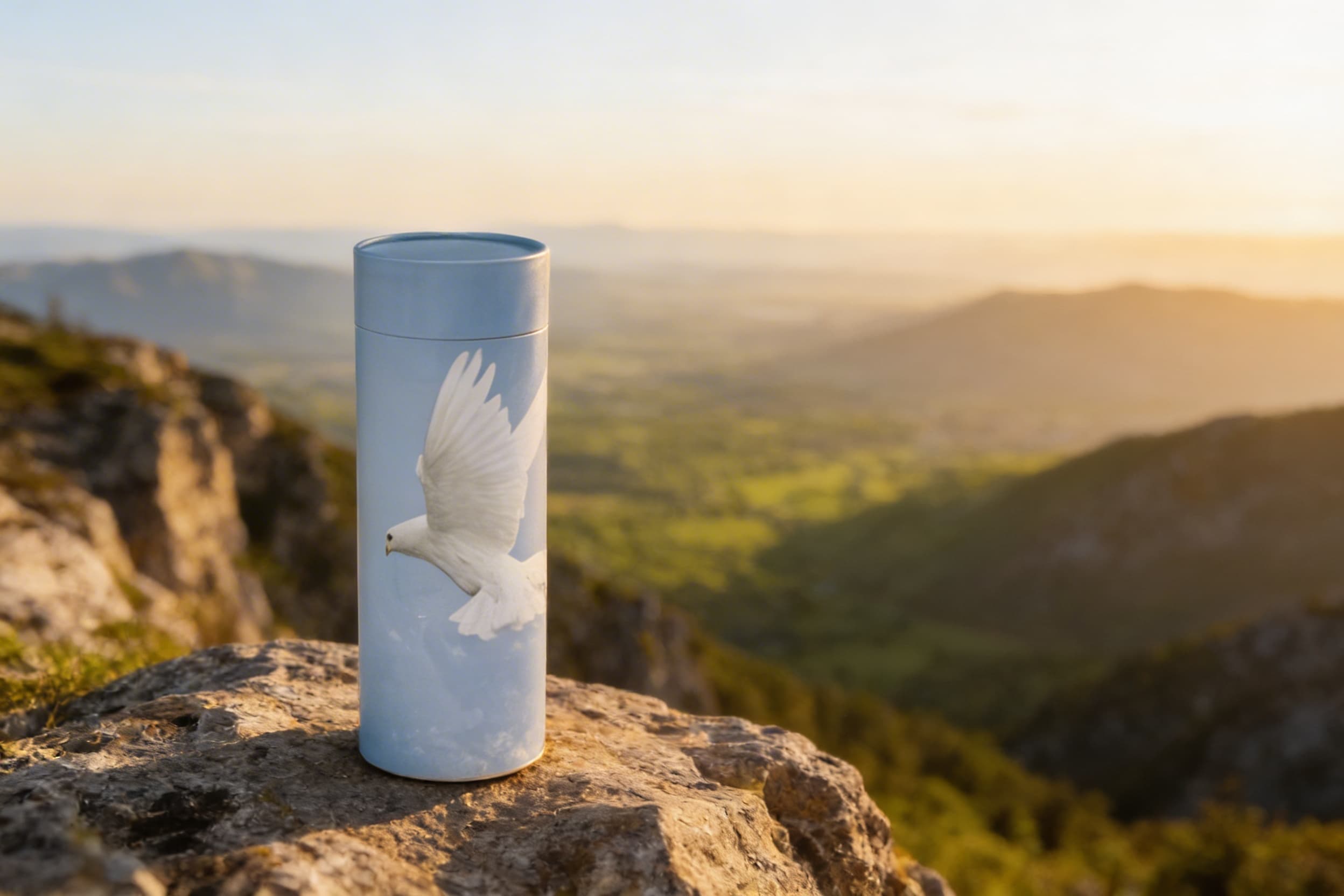 A cylindrical scattering urn with a white dove design resting on a rocky mountain overlook at sunset with rolling green valleys in the background