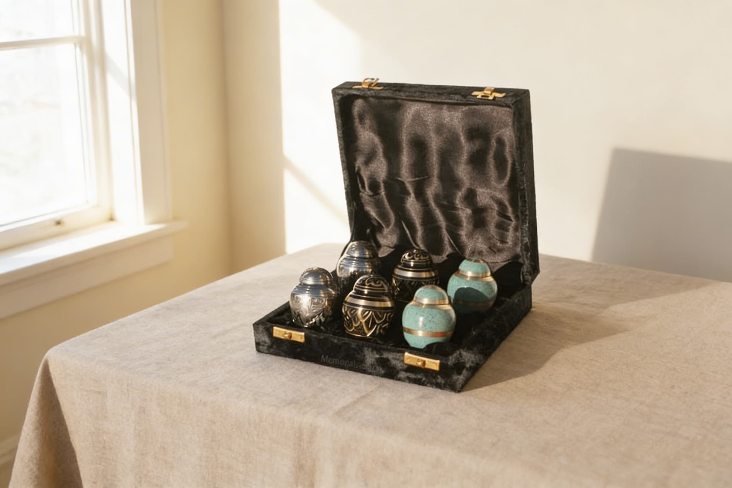 A set of four small keepsake cremation urns displayed in a black velvet presentation case with brass clasps, including two silver engraved urns and two teal and gold urns