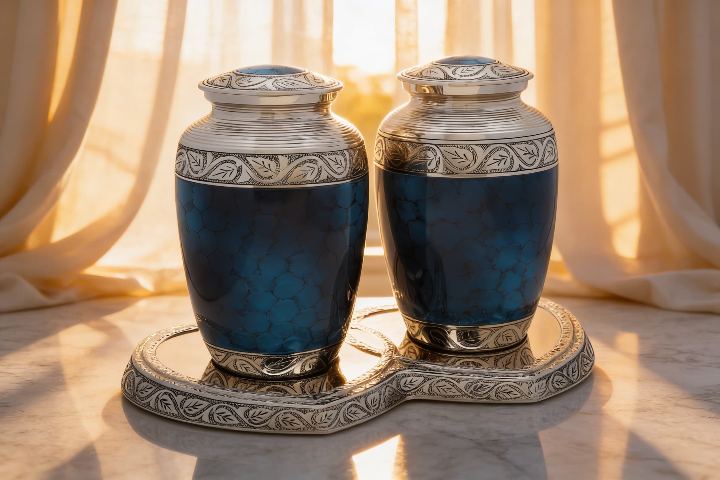 A pair of matching teal blue and silver companion cremation urns with engraved vine patterns displayed together on an ornate silver tray on a marble surface in warm golden light