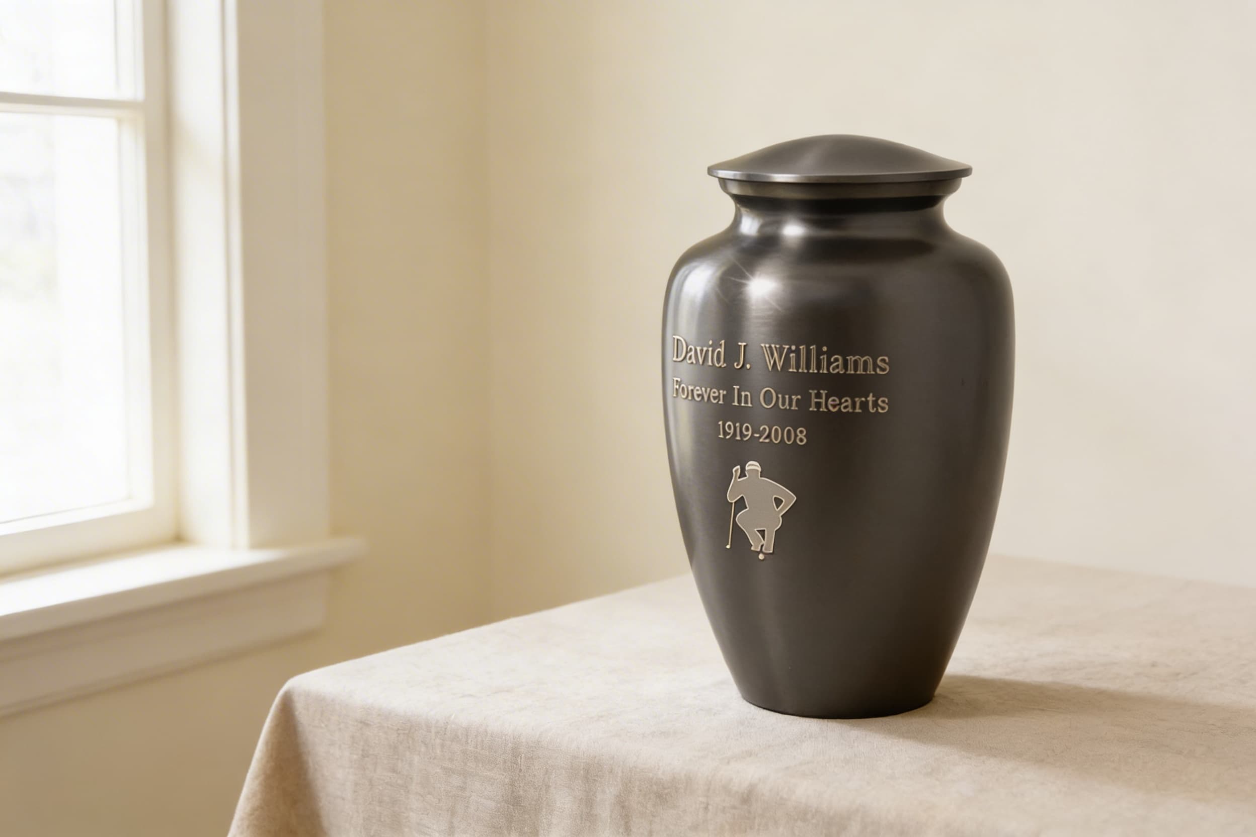 A dark gunmetal cremation urn engraved with a name, dates, the phrase Forever In Our Hearts, and a golfer silhouette, displayed on a linen-draped table