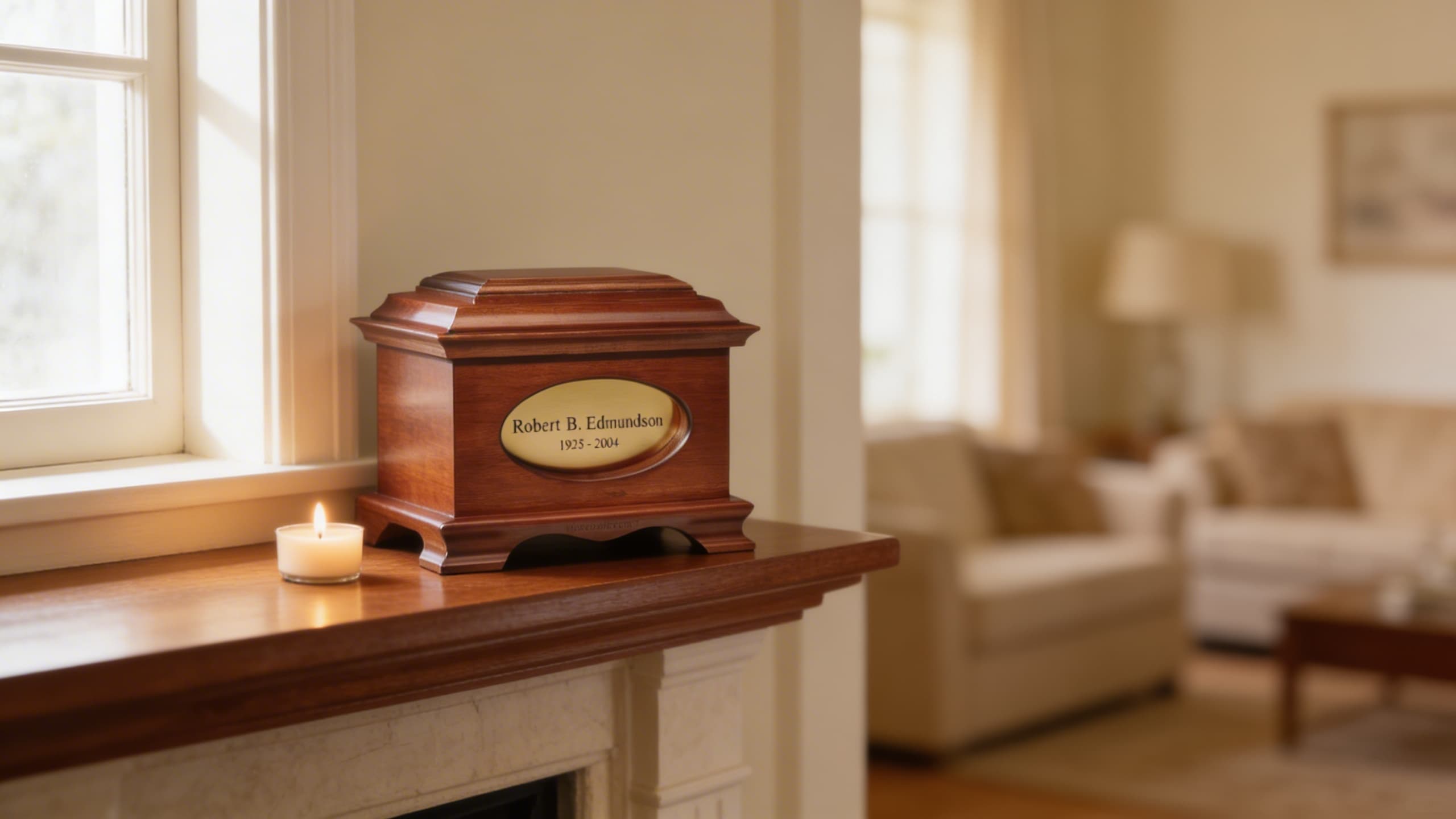 a warm, softly lit close-up of a beautifully engraved wooden cremation urn with a name and dates visible, placed on a shelf with soft natural light