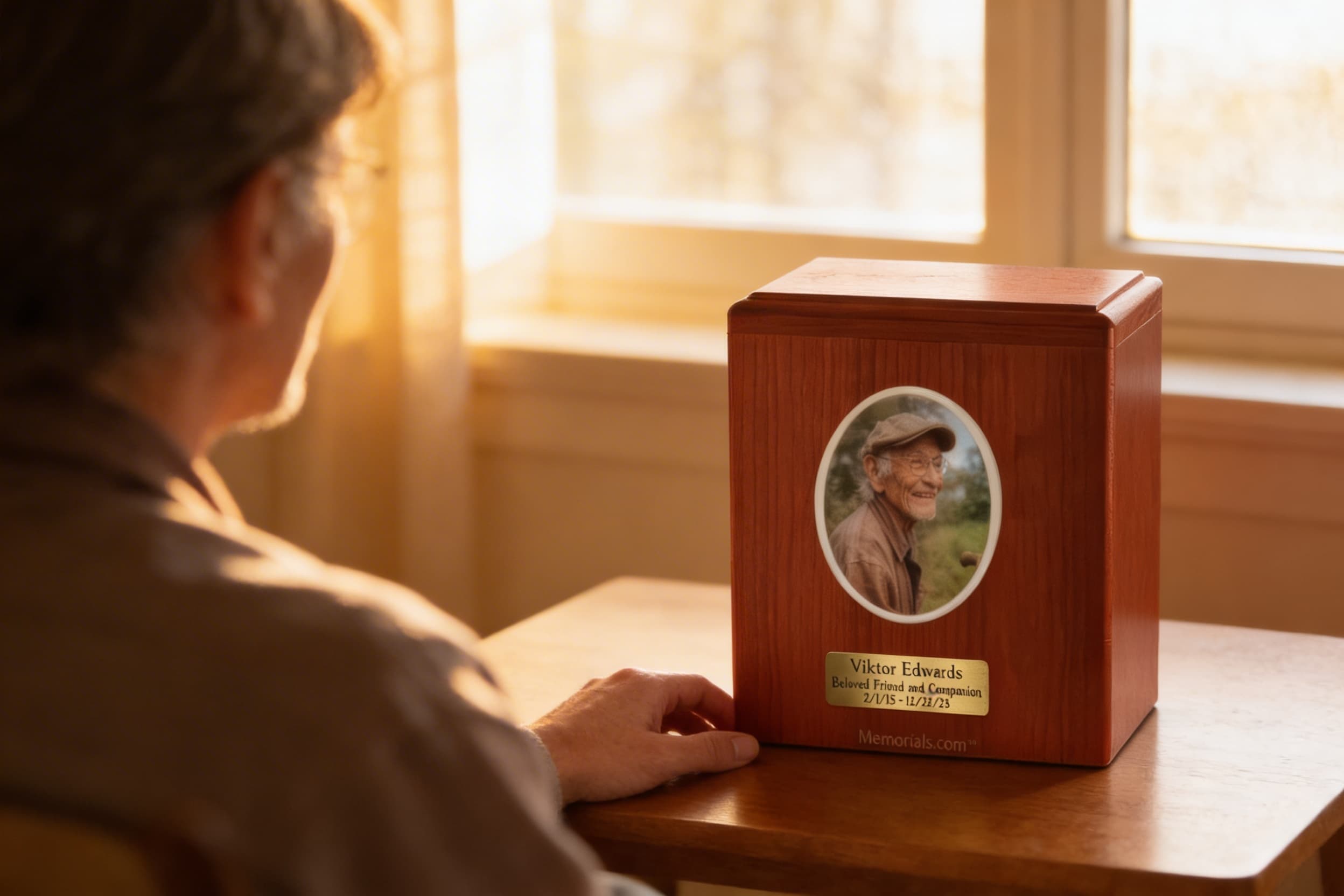 Personalized cremation urn displayed on a home mantelpiece as a meaningful tribute