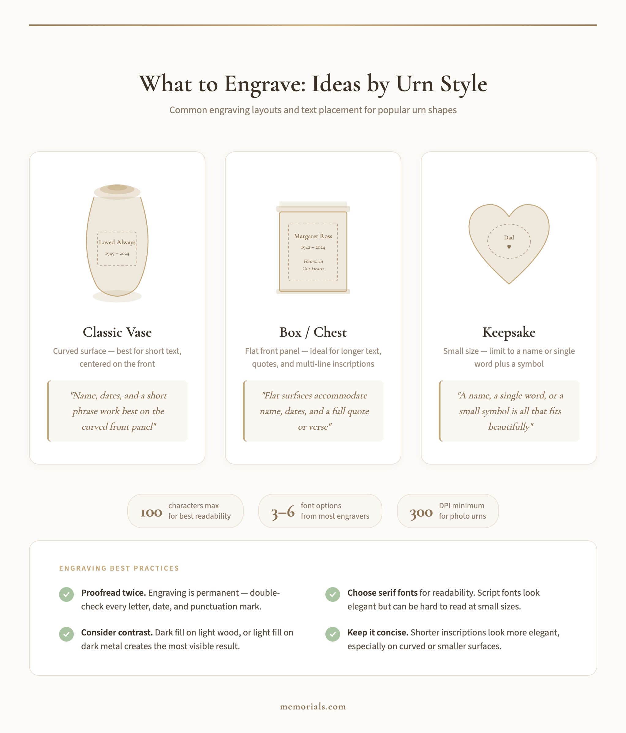 Urn engraving ideas layout examples showing text placement on different urn shapes