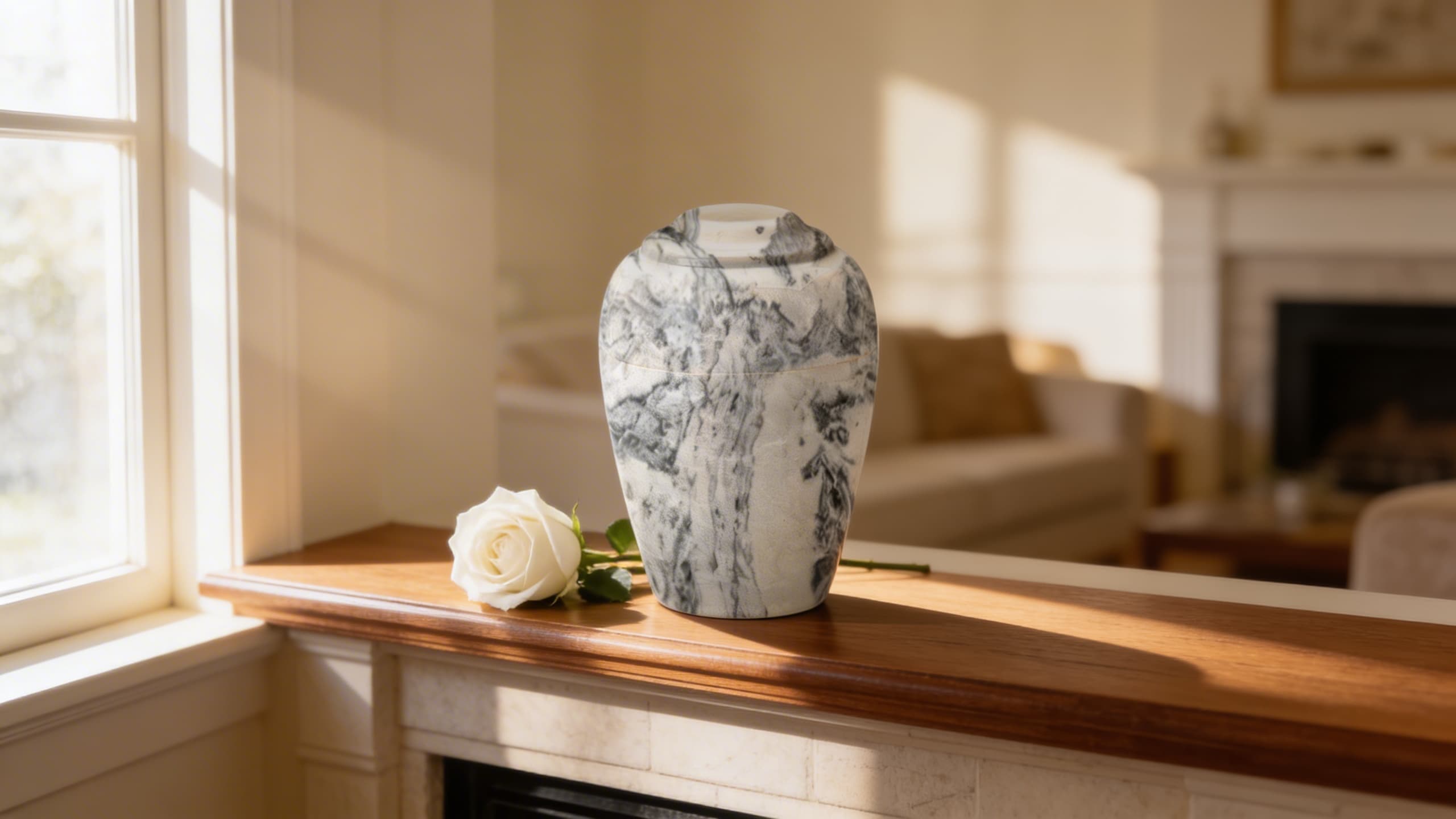 A white and gray veined marble cremation urn with a vase-like tapered shape displayed on a wooden mantel beside a single white rose in soft natural light