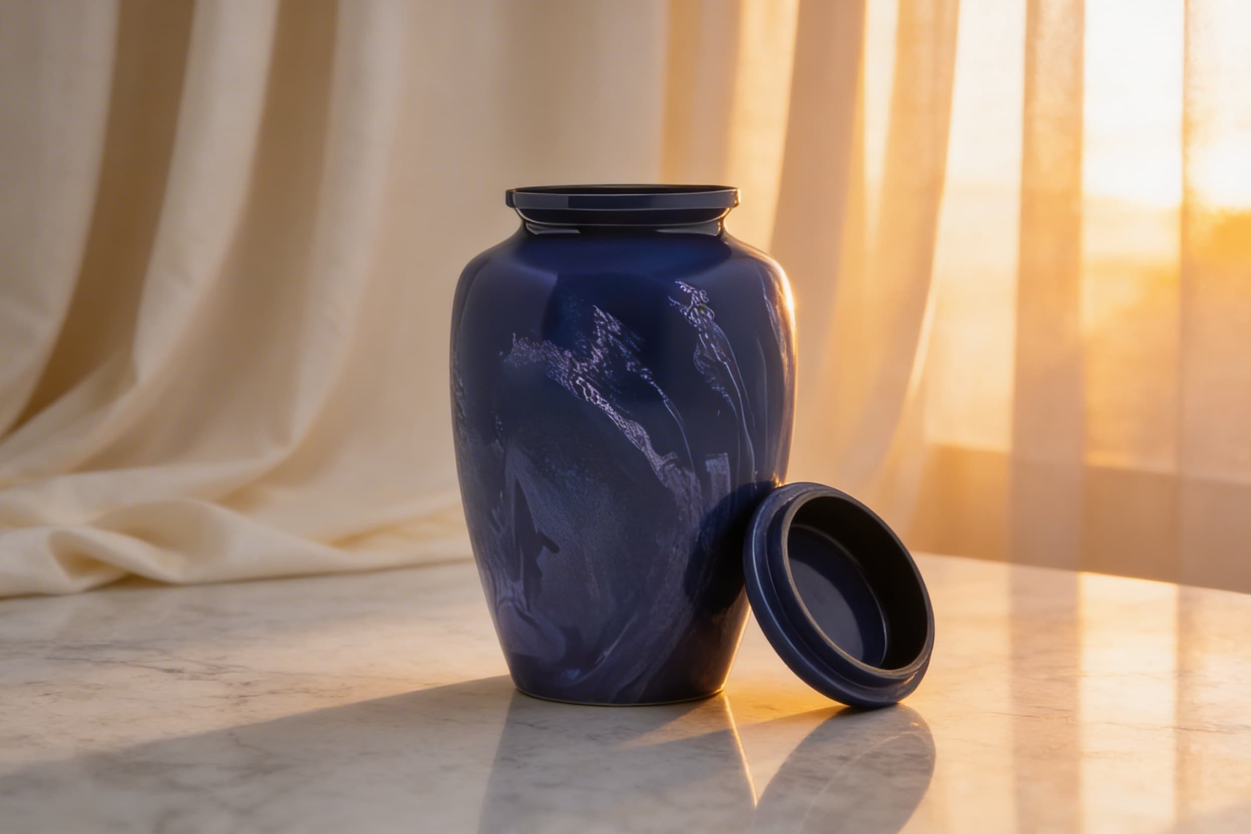 A deep blue marbled ceramic cremation urn with its threaded lid removed and resting beside the base on a marble surface, showing the sealed closure design that distinguishes a cremation urn from a decorative vase