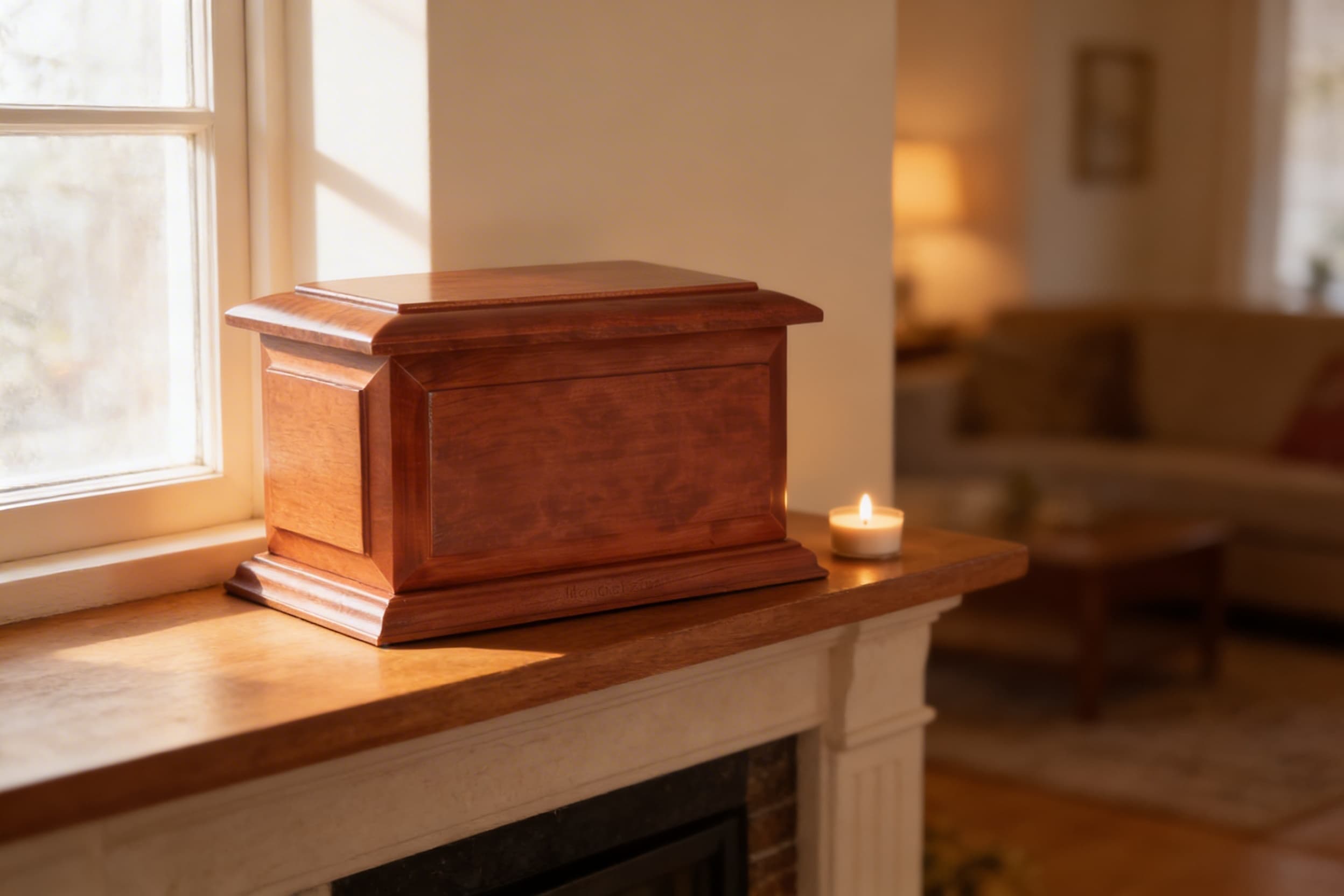 A cherry wood box cremation urn with a molded base and beveled lid displayed on a fireplace mantel beside a lit tealight candle in a warm sunlit living room