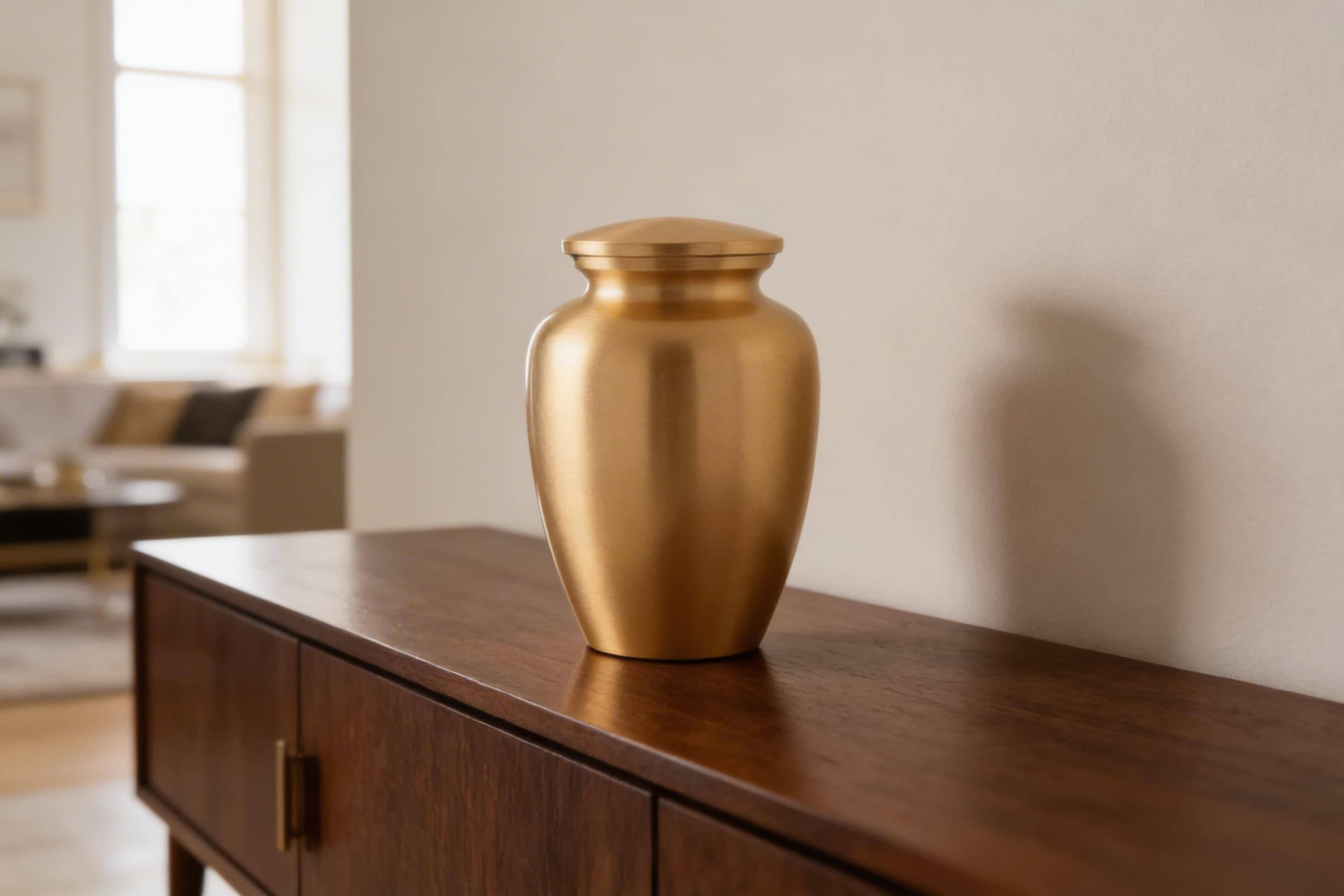 A classic brushed gold brass cremation urn with a smooth vase-like silhouette and threaded lid displayed on a dark walnut credenza in a modern living room