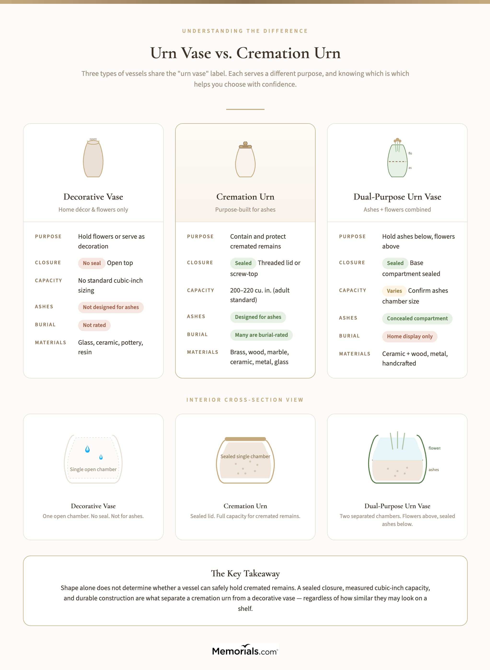 Infographic comparing three types of vessels that share the urn vase label β decorative vase, cremation urn, and dual-purpose urn vase β with side-by-side details on purpose, closure, capacity, materials, and burial suitability, plus interior cross-section views showing each vessel's chamber design
