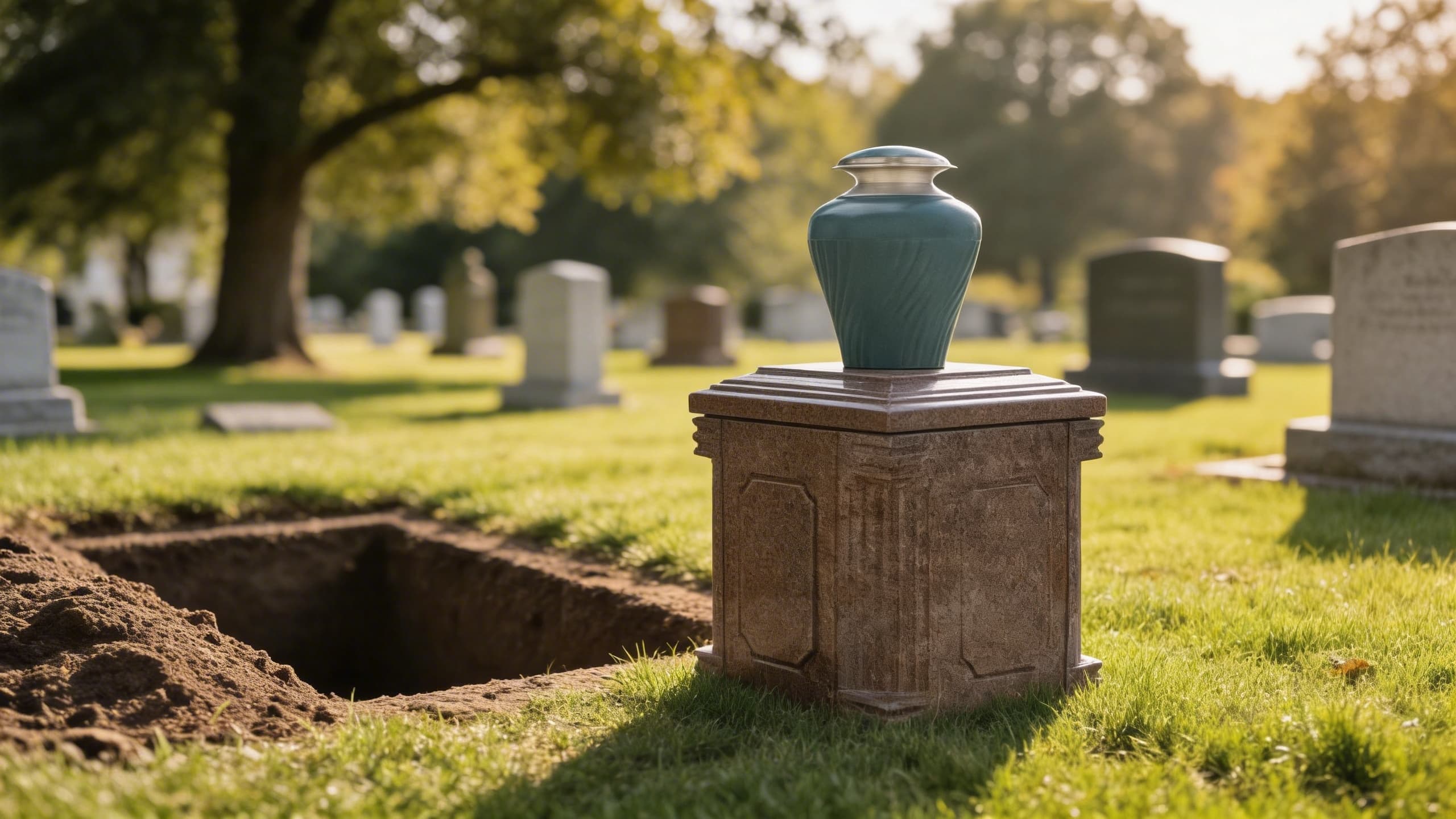 A teal ceramic cremation urn resting on top of a granite urn vault beside an open grave in a sunlit cemetery with headstones in the background