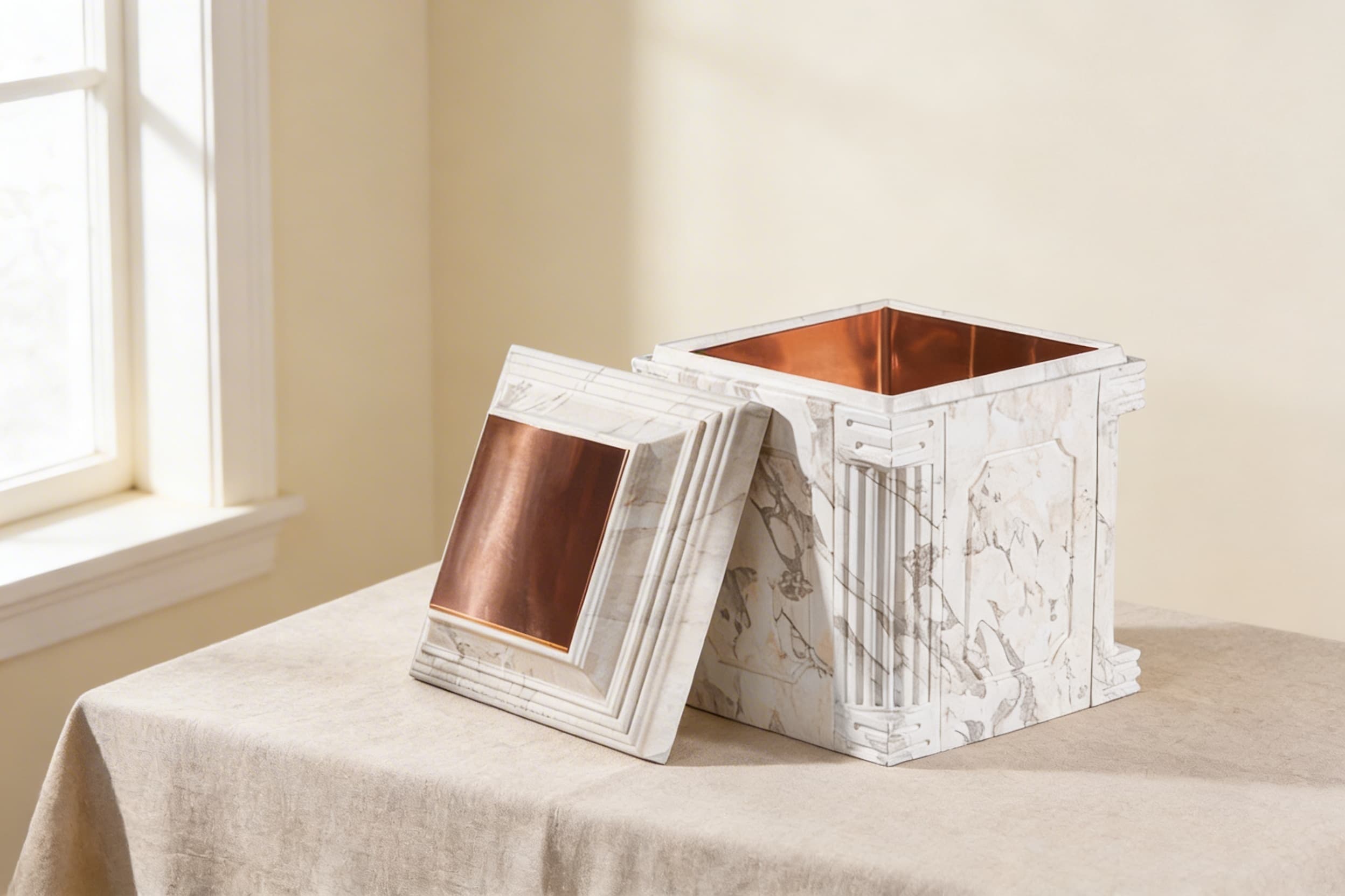 A white marble urn vault with its lid removed and leaning against the base, revealing a copper-lined interior chamber designed to protect a cremation urn during burial