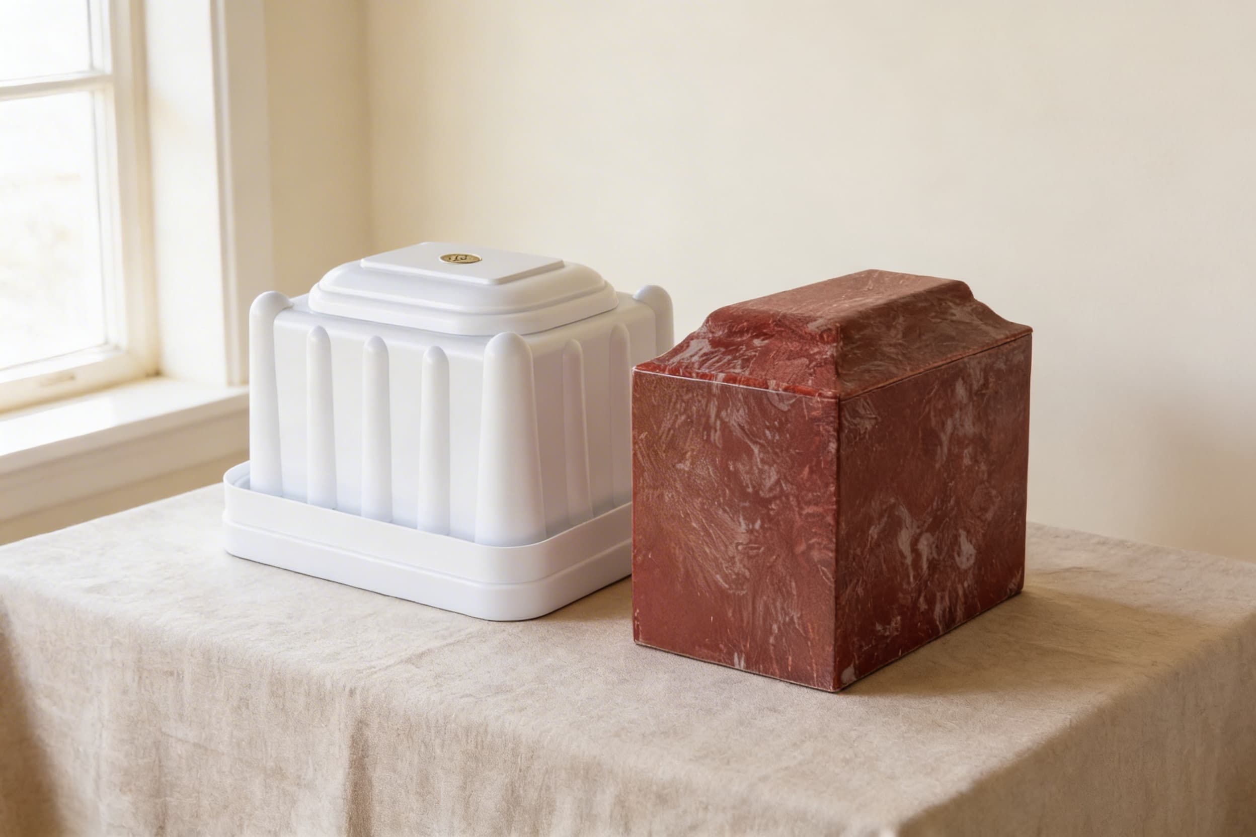 A white reinforced polymer urn vault with columned sides displayed next to a burgundy cultured marble cremation urn, illustrating the size relationship between vault and urn