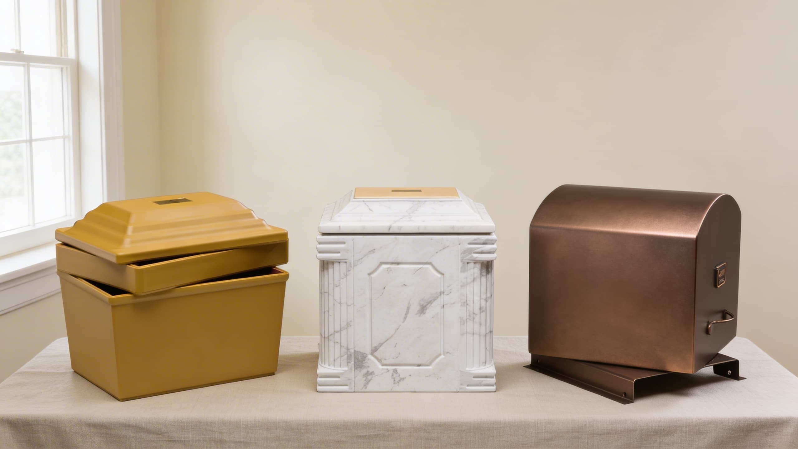 Three urn vault materials compared side by side โ a gold polymer vault with its lid slightly open, a white marble vault with columned detailing, and a brushed bronze metal vault with a rounded lid and latch
