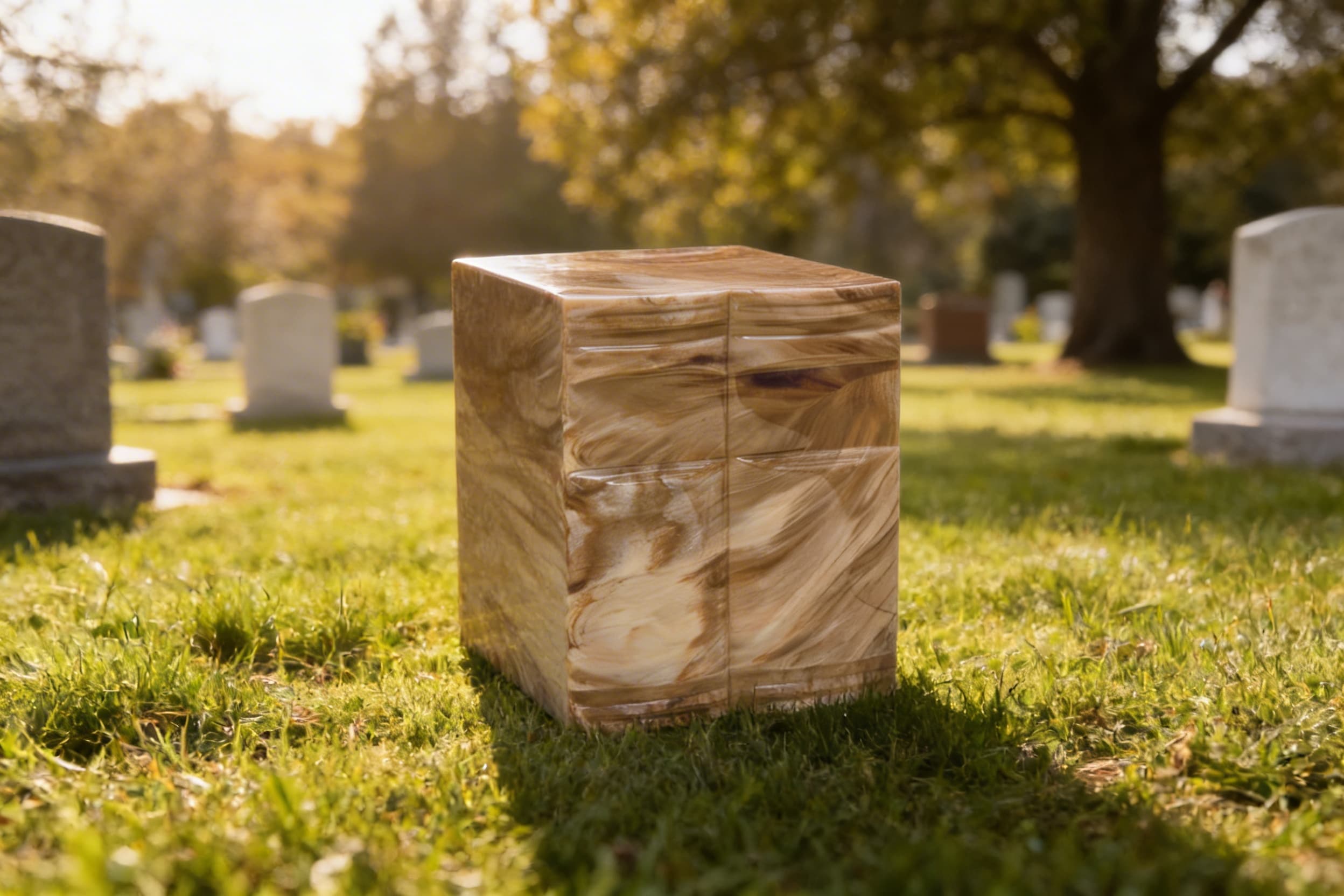 A large cultured marble companion urn in warm tan and gold swirl tones sitting on the grass at a cemetery surrounded by headstones in soft afternoon light