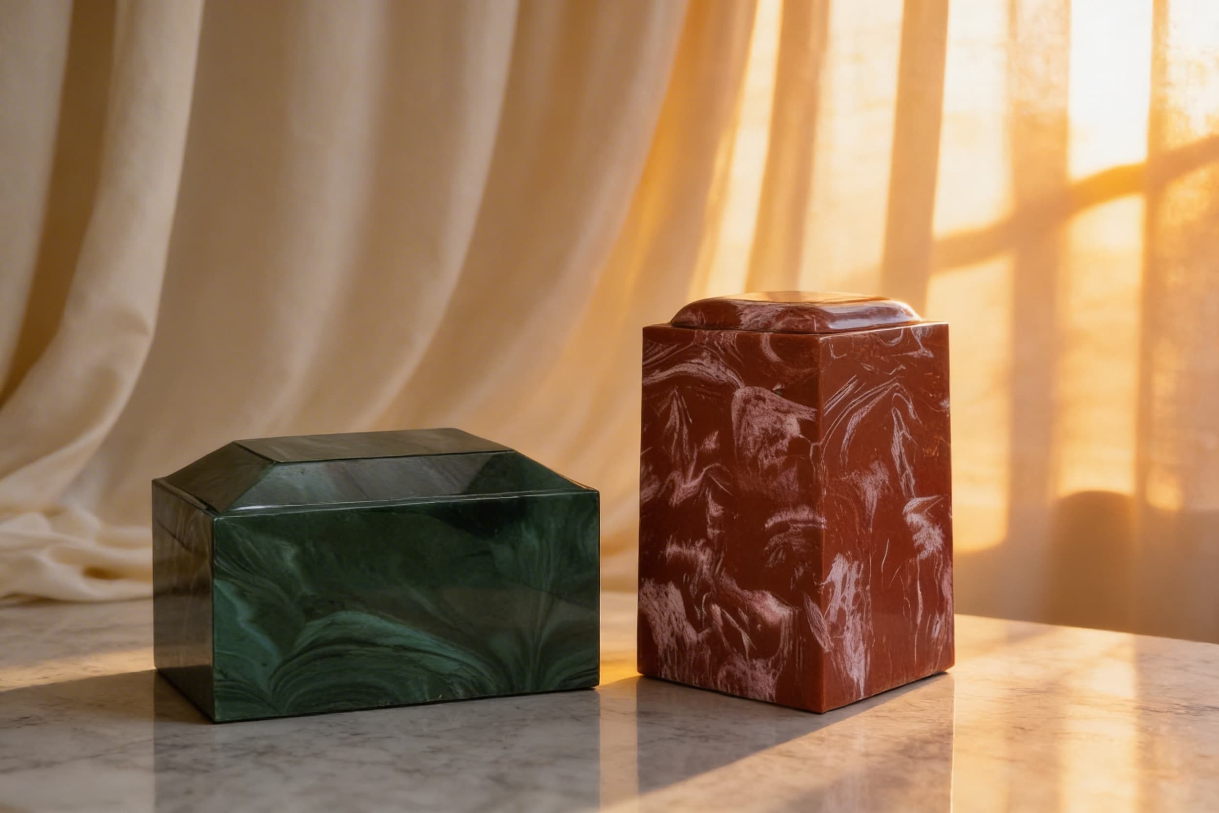 A deep green cultured marble cremation urn displayed beside a burgundy cultured marble urn on a marble surface with golden curtain light, showing two common urn styles that fit standard vault dimensions