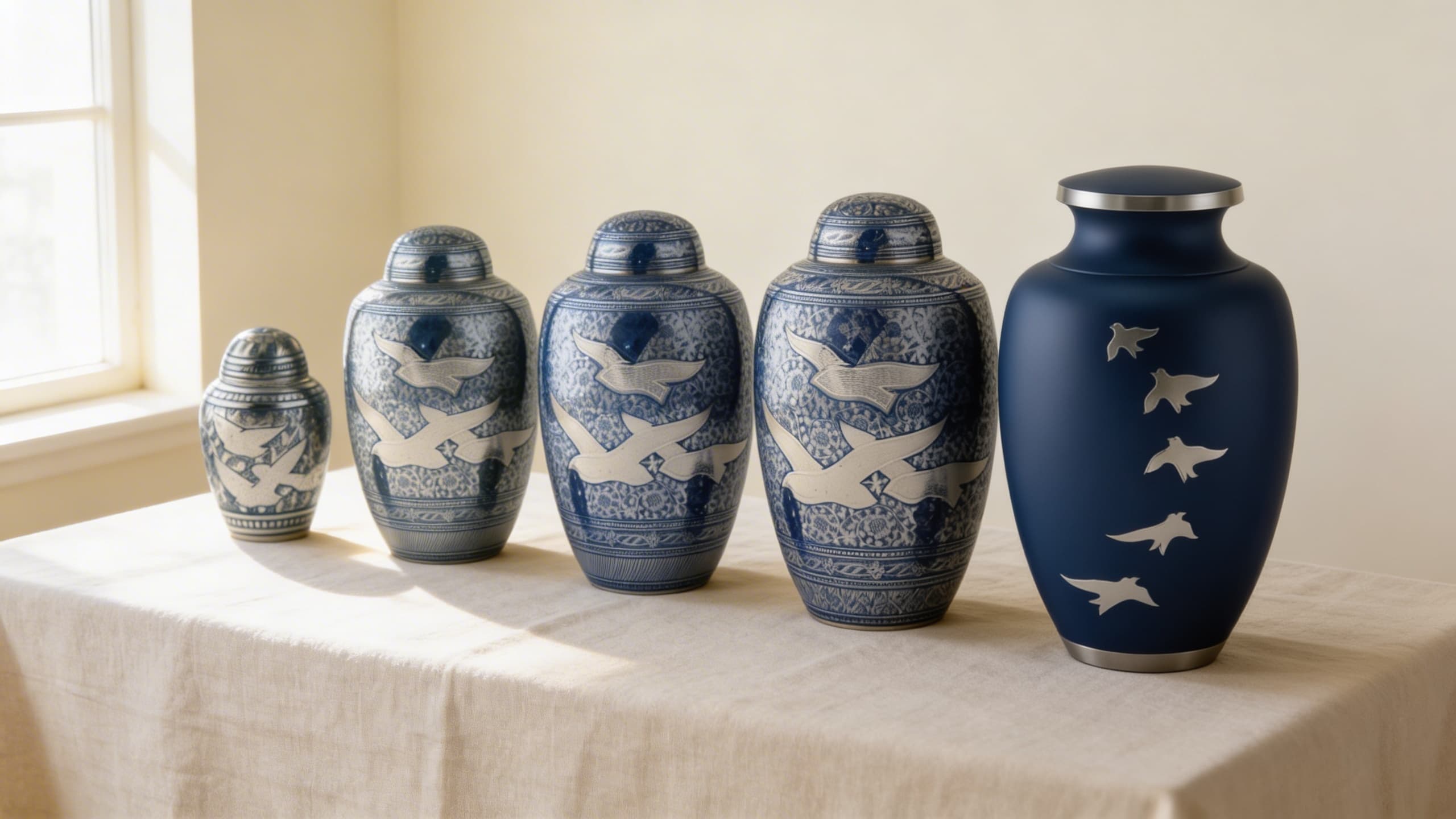 A collection of cremation urns in various sizes displayed on a neutral background