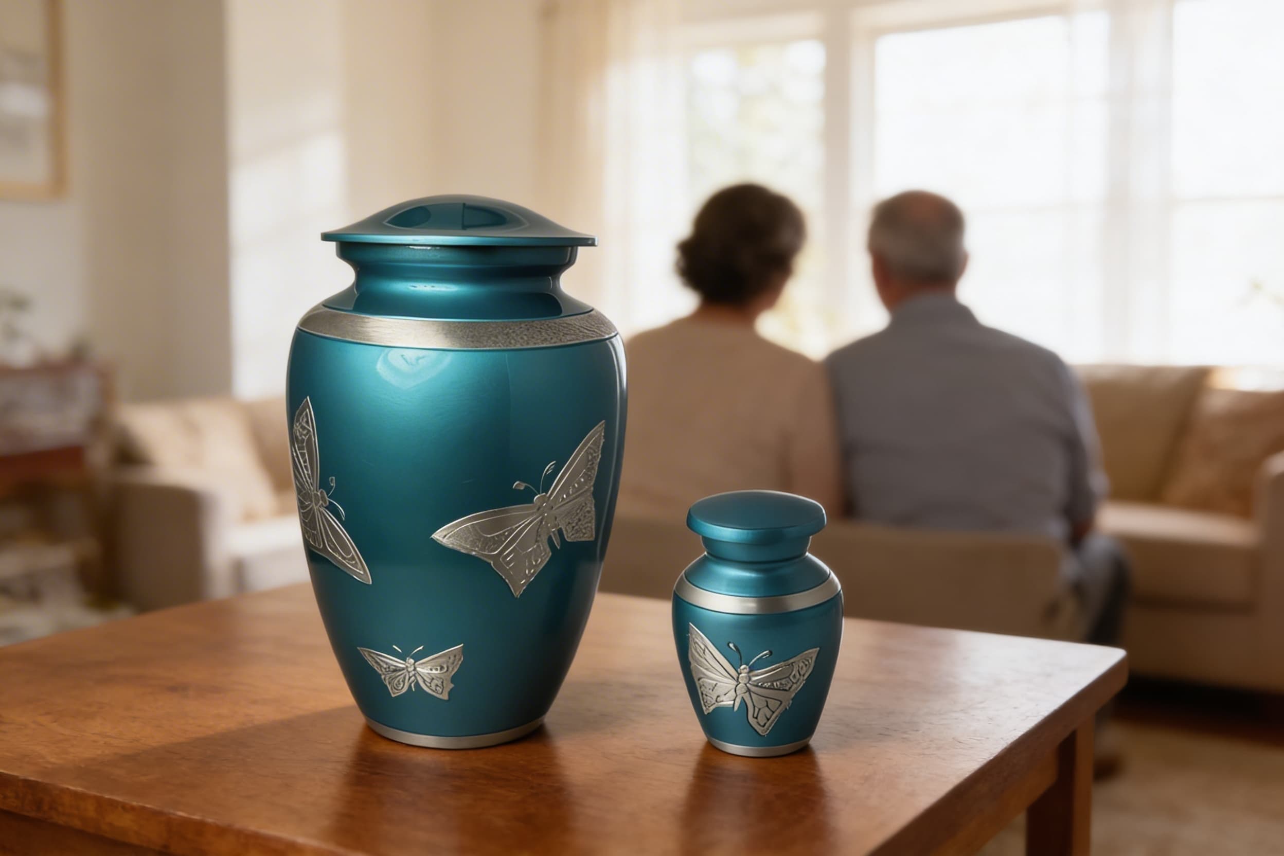 Family reviewing cremation urn sizes together at a table
