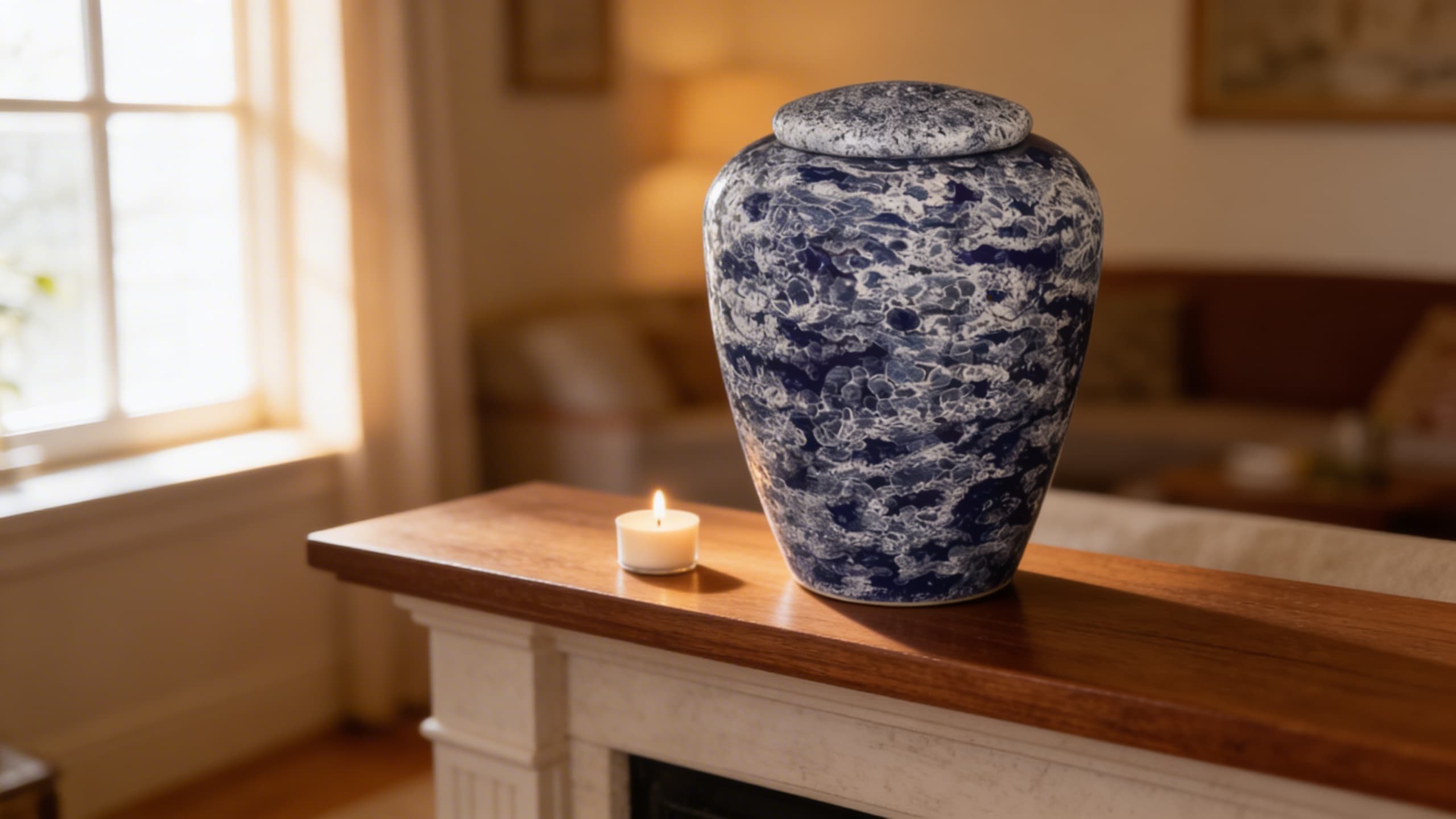 An elegant empty cremation urn displayed on a wooden shelf beside a small candle in a warm, softly lit room