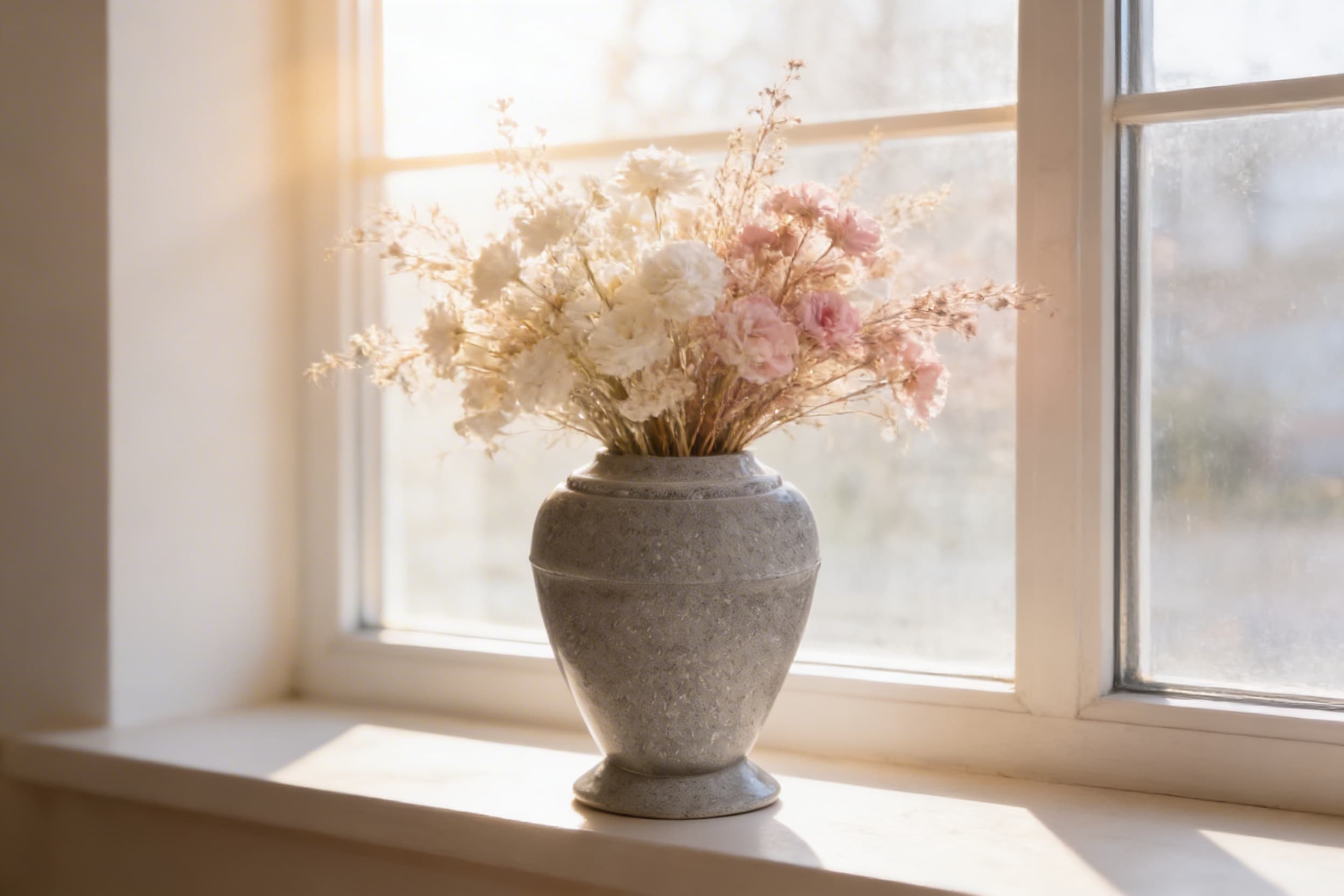 A ceramic cremation urn repurposed as a flower vase holding white and soft pink dried flowers on a sunlit windowsill