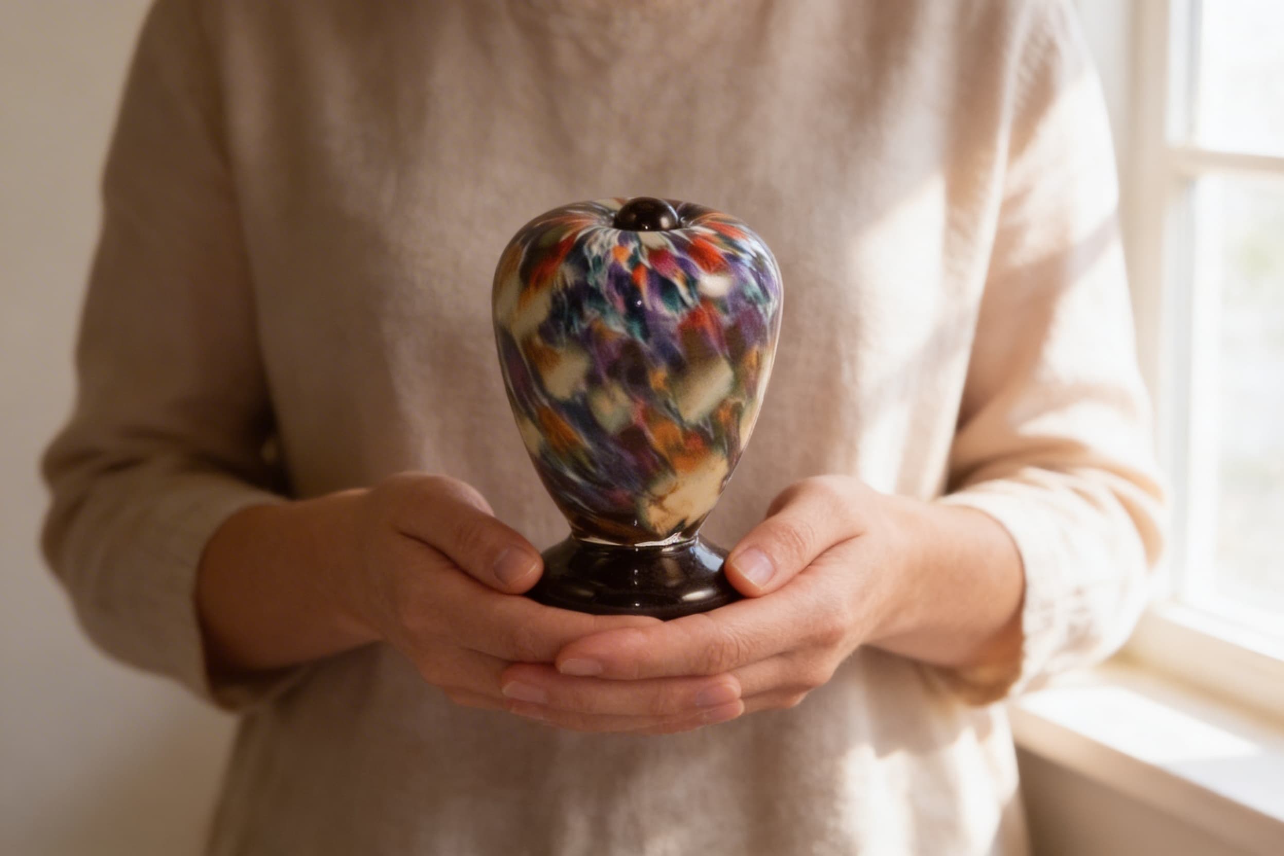 Hands gently holding a small brass keepsake urn with soft natural light in the background