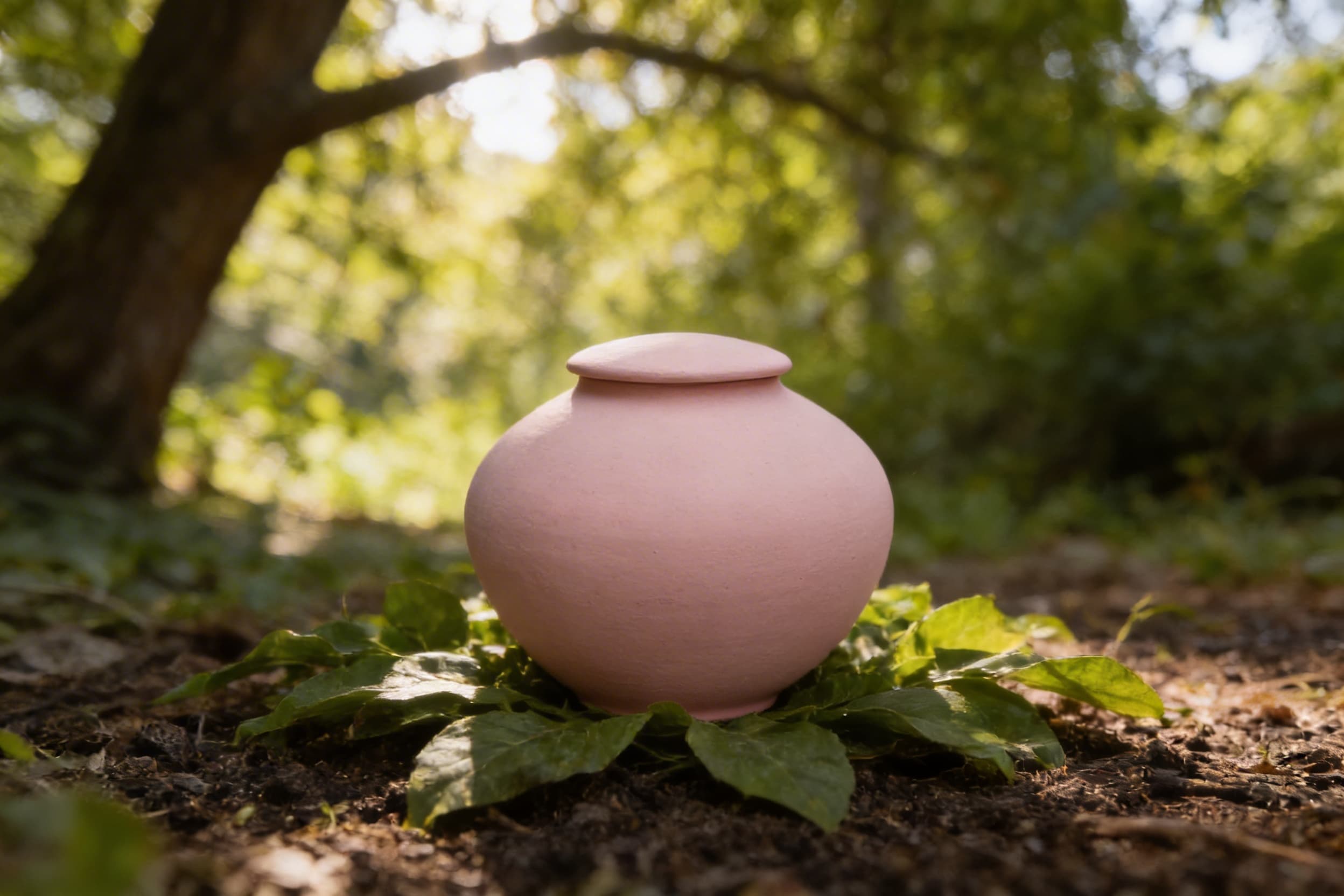 Pink biodegradable cremation urn ready for burial.