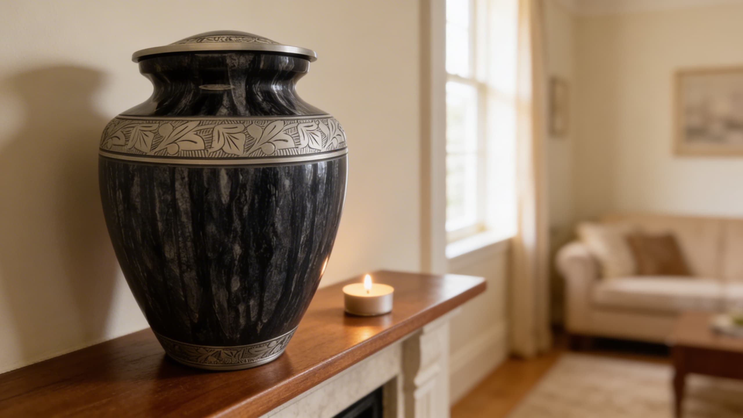 A cremation urn displayed on a wooden mantelpiece surrounded by flowers and photographs in a warm living room setting