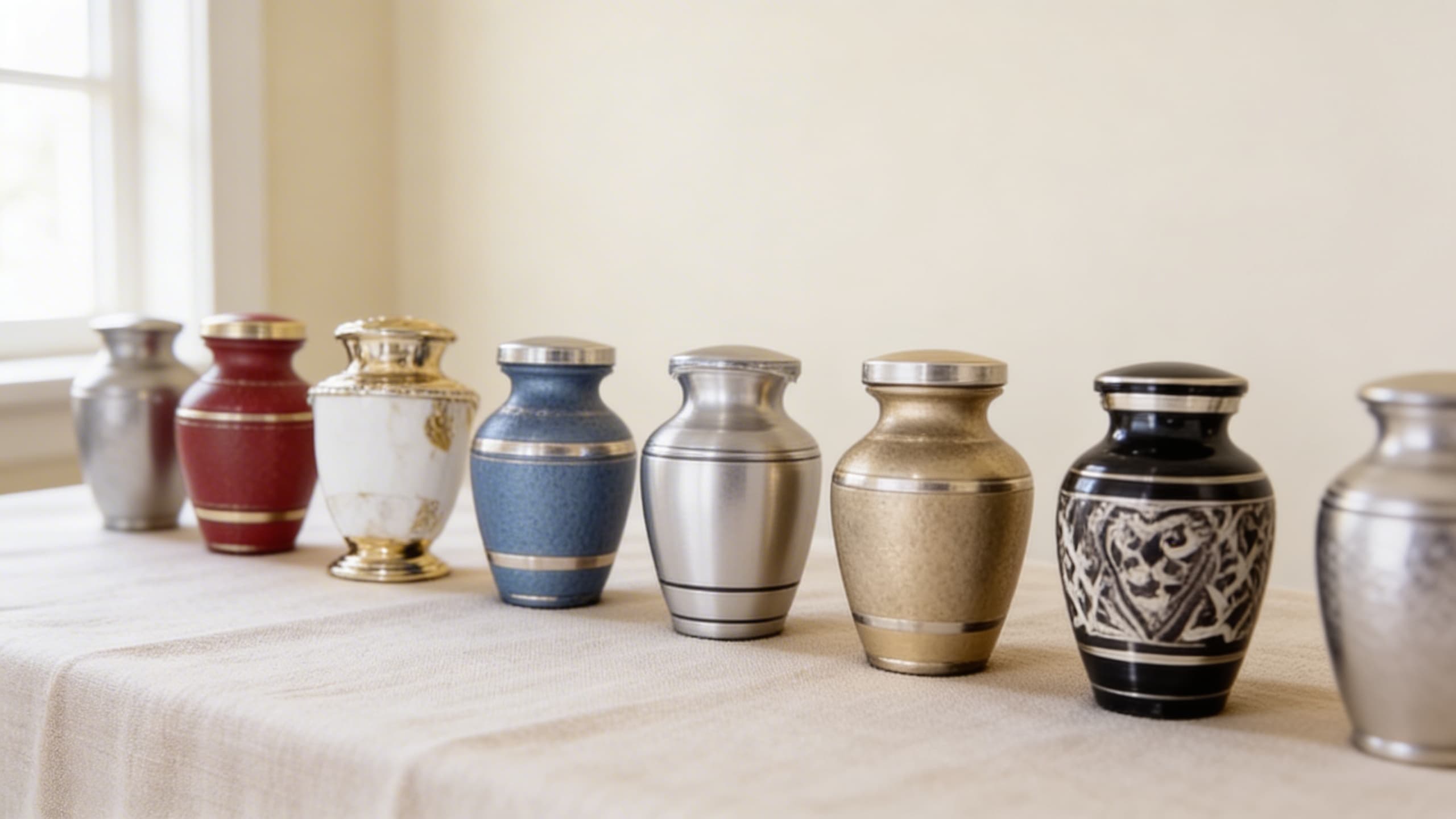 Eight keepsake urns sitting side-by-side on a cream linen tablecloth.