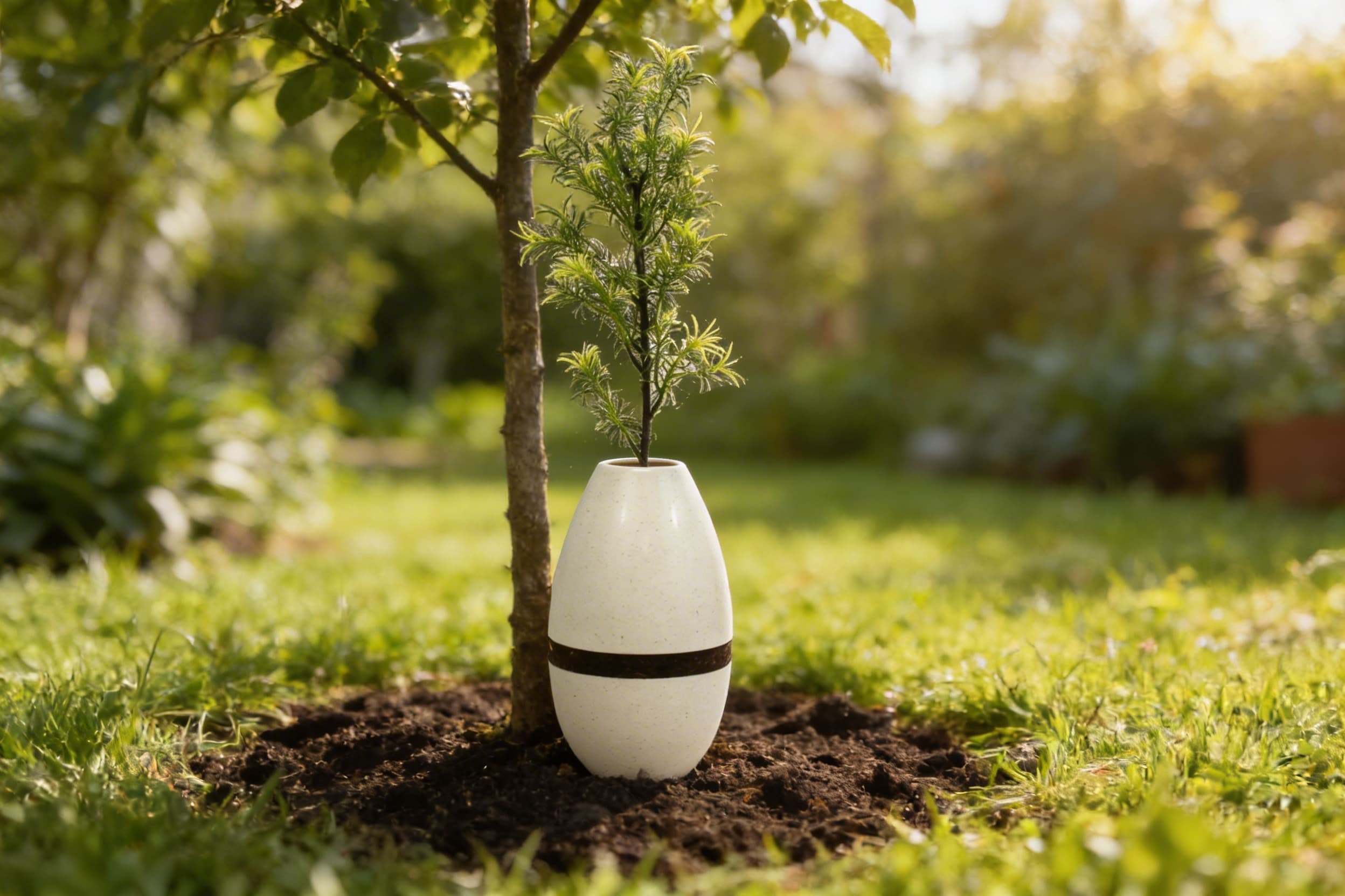 A young tree sapling growing in a garden with a biodegradable urn at its base