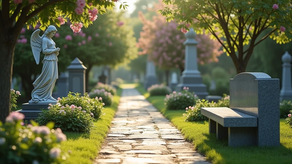 Various cemetery memorials including statues, benches, and headstones in a peaceful setting