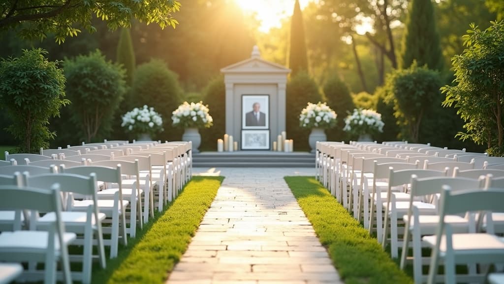 Outdoor memorial service setup with white chairs, framed photo, lilies, and candles under sunlight