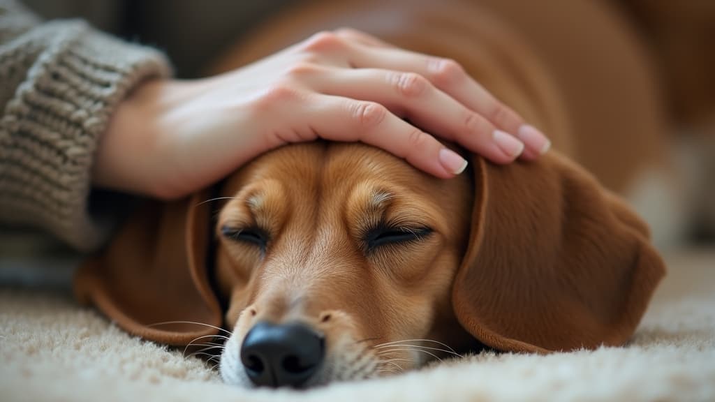 A hand gently comforting an old pet