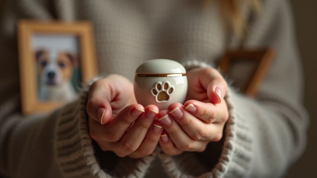Hands holding a pet urn or paw print keepsake.