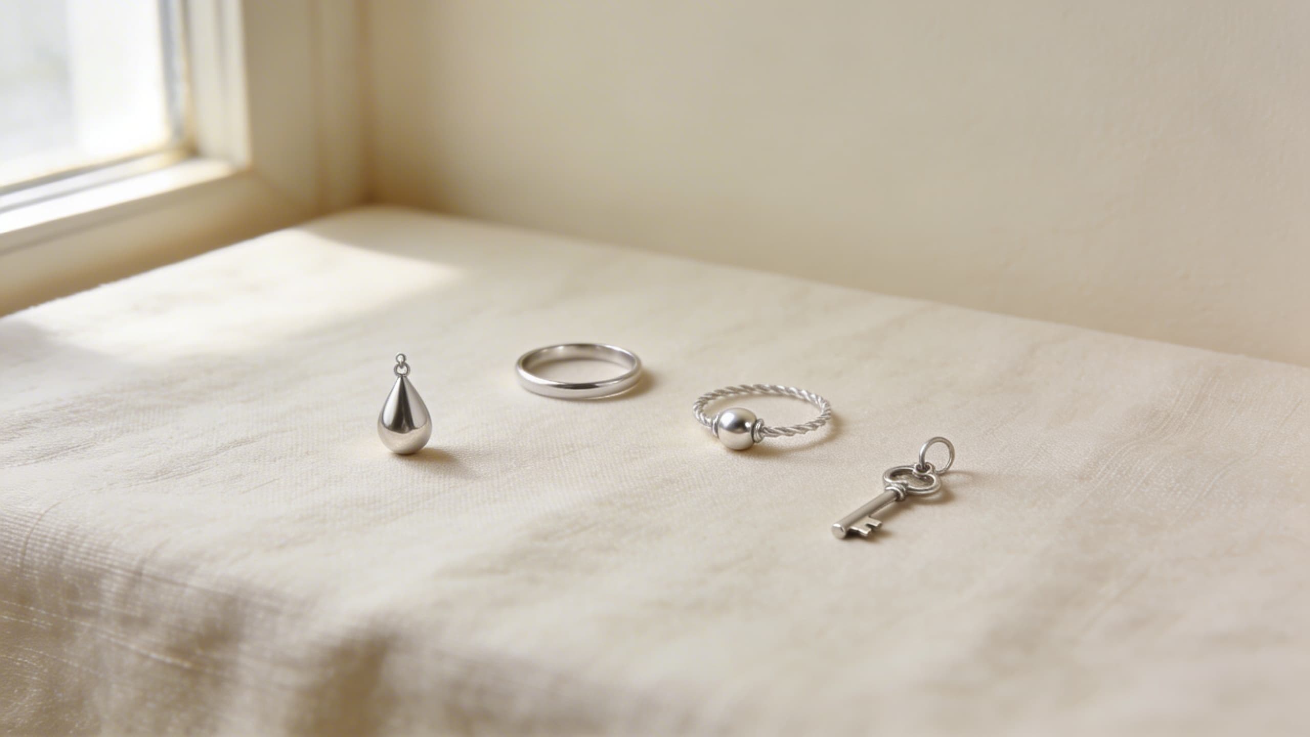 A flat lay of various cremation jewelry pieces -- pendant necklace, ring, bracelet, and keychain - arranged on cream linen fabric
