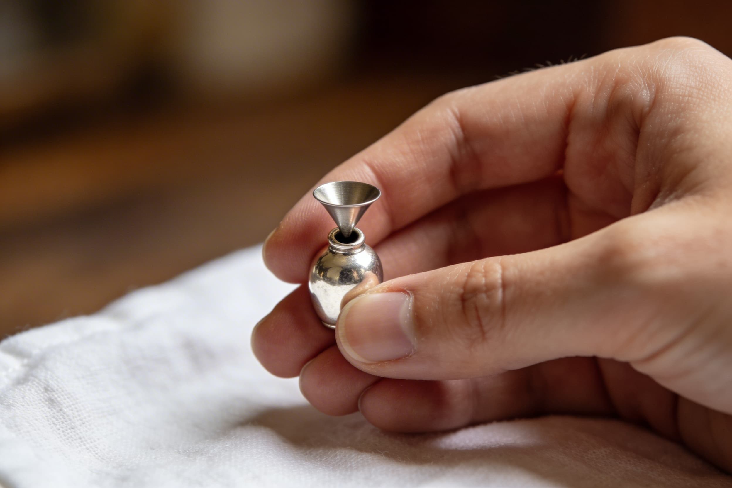 A close-up of hands gently filling a small sterling silver cremation pendant using a tiny funnel, on a soft cloth surface