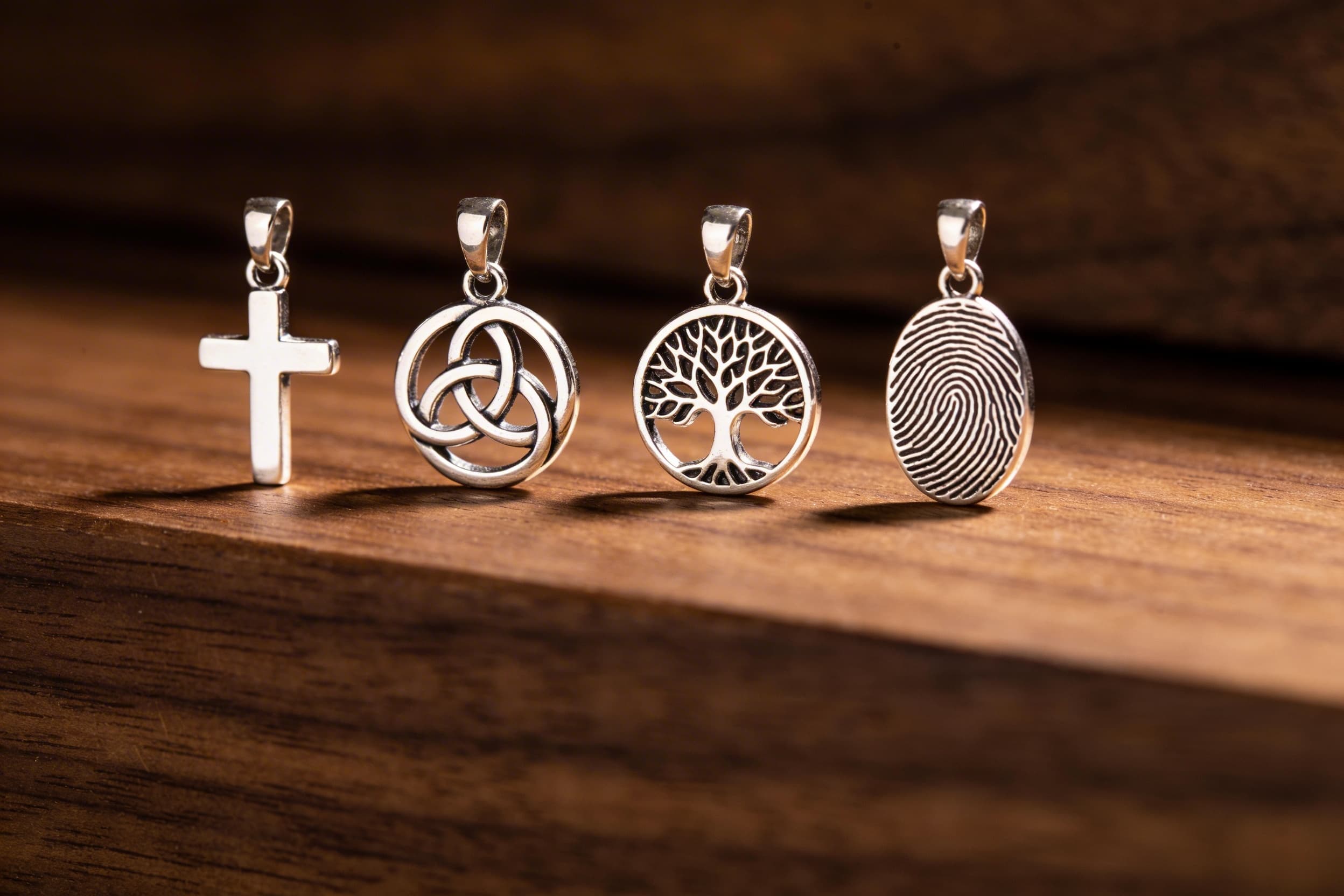 An array of cremation jewelry pieces laid on dark walnut wood -- cross pendant, celtic knot ring, tree of life bracelet charm, and fingerprint pendant