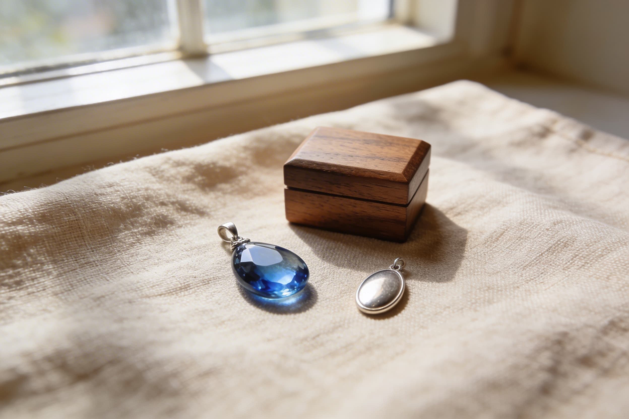A collection of cremation memorial keepsakes โ a glass pendant, a small wooden urn, and a silver pendant โ arranged on a warm linen surface