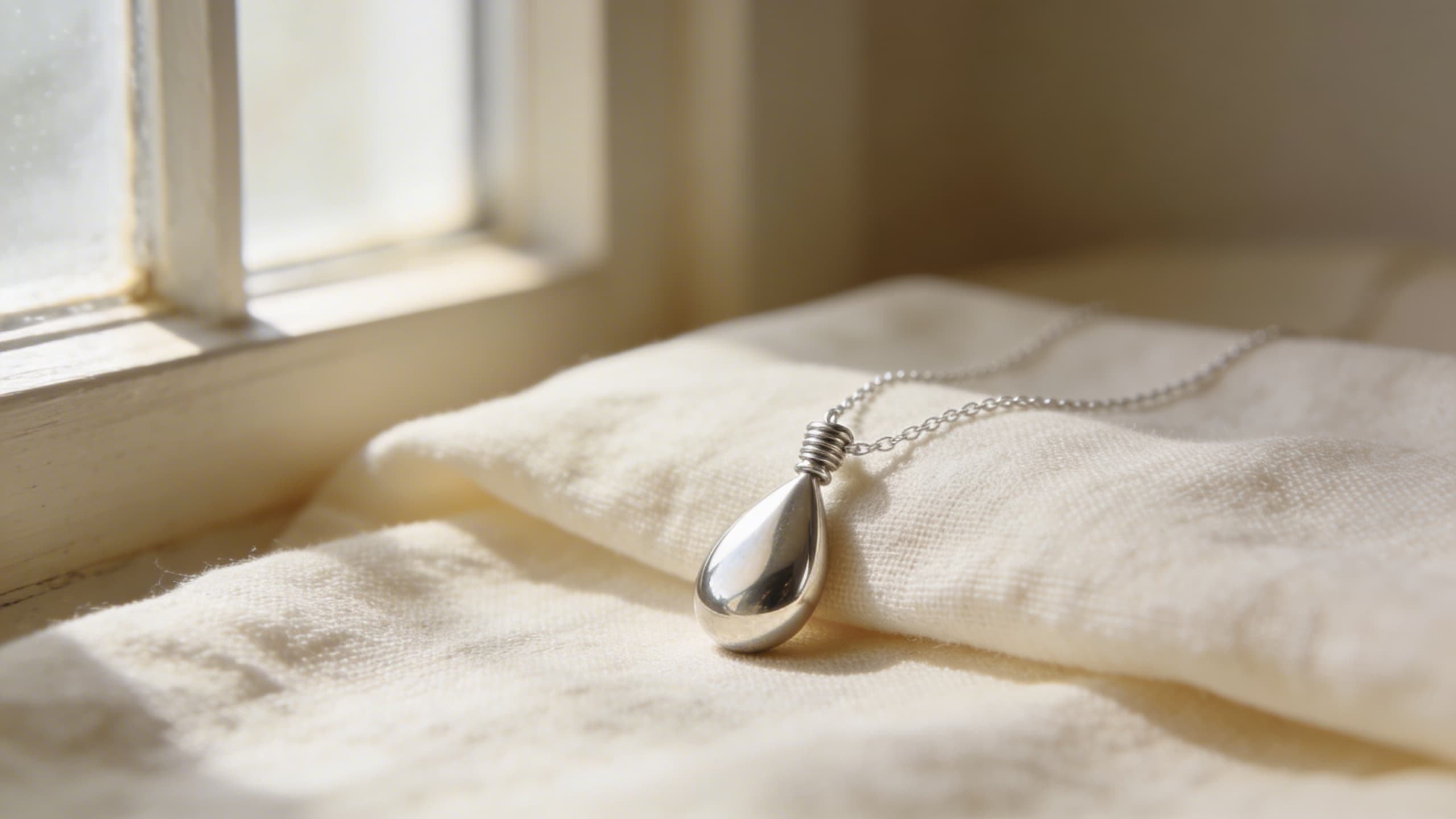A delicate sterling silver cremation pendant necklace resting on soft cream linen, with warm natural window light
