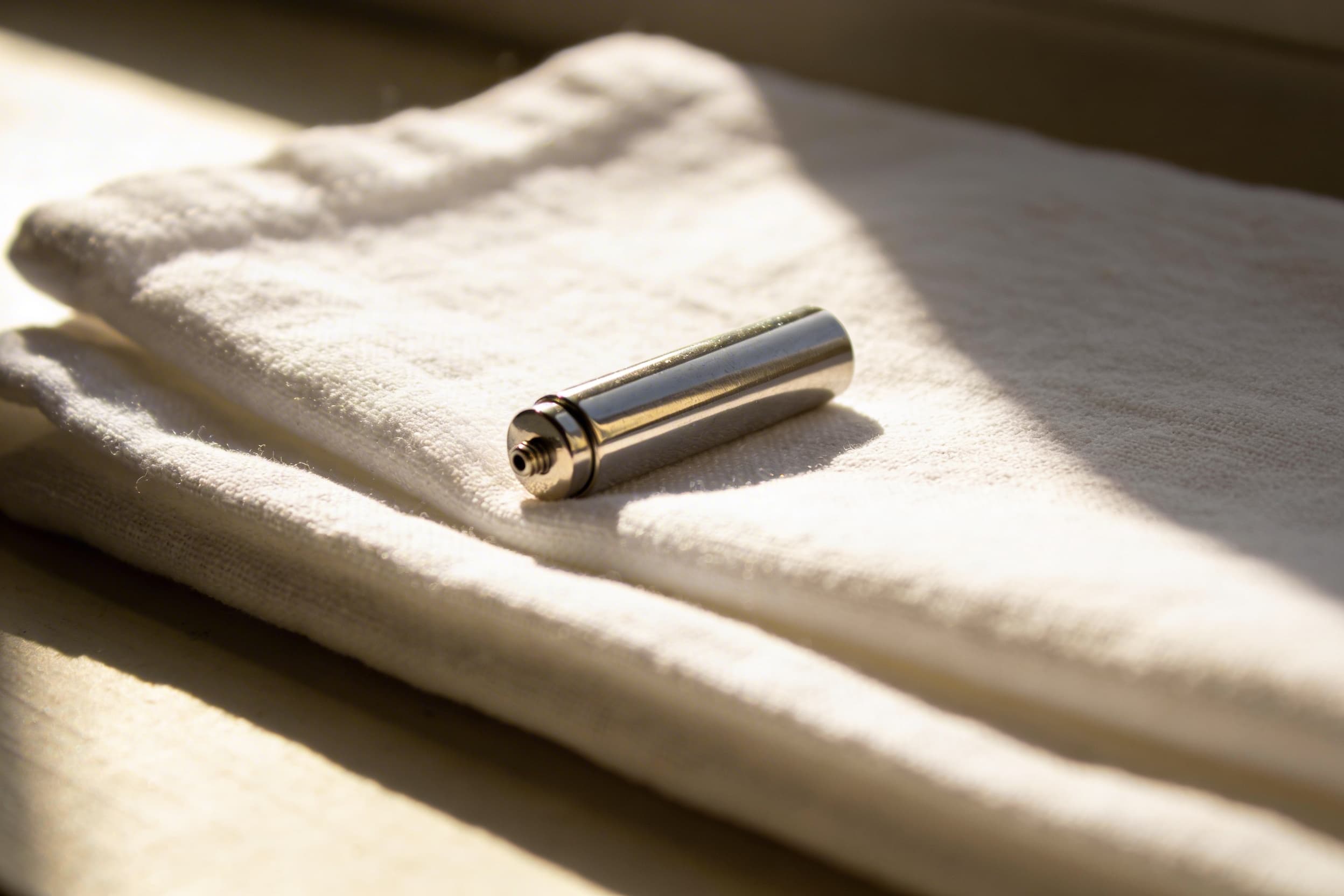 Close-up of a small stainless steel cylinder urn necklace lying on a white linen cloth, warm morning light