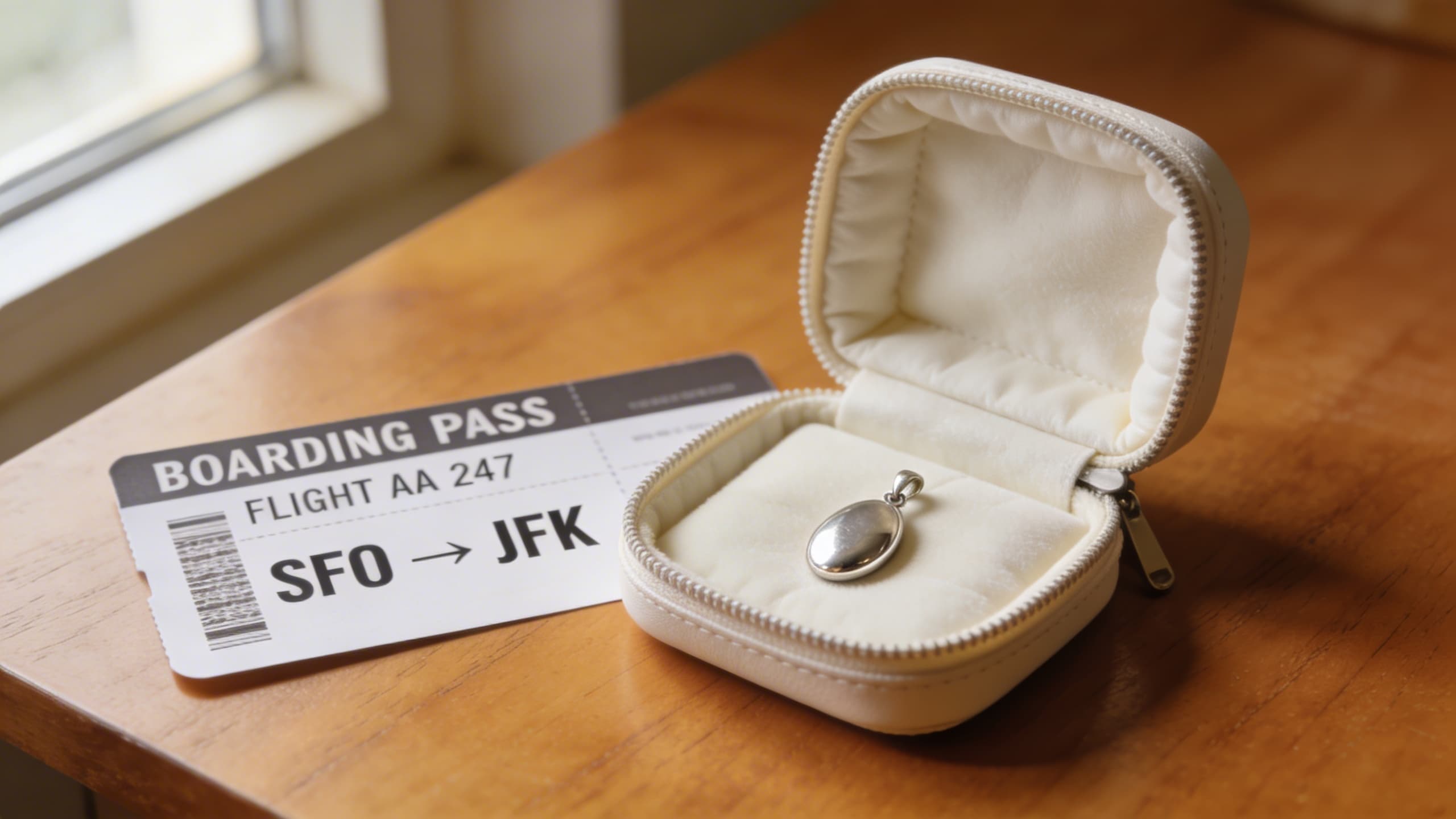 A delicate cremation jewelry pendant resting in an open padded travel pouch on a wooden surface beside a boarding pass