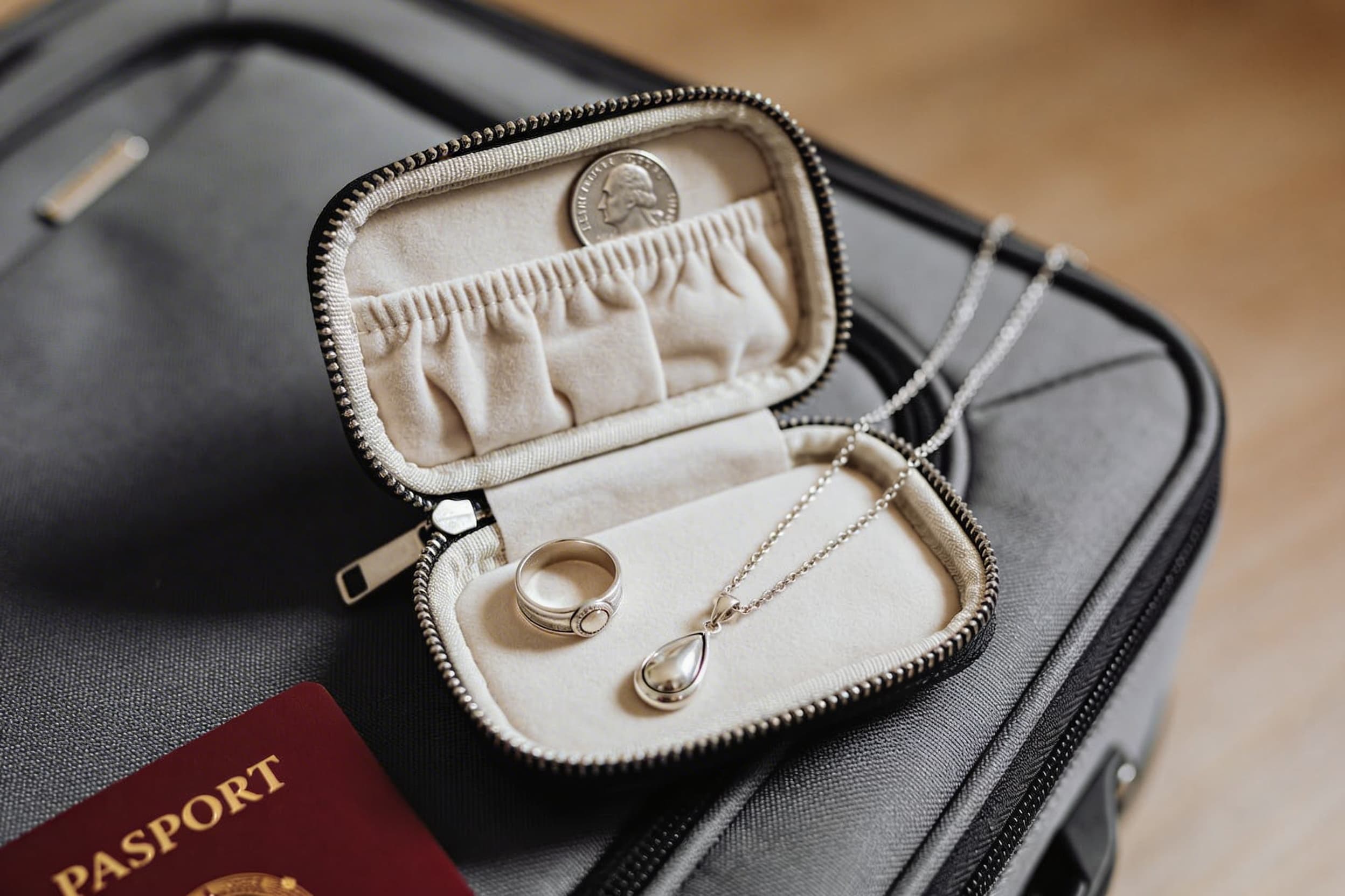 A small zip jewelry pouch and a cremation ring pendant arranged on a neutral-toned travel bag