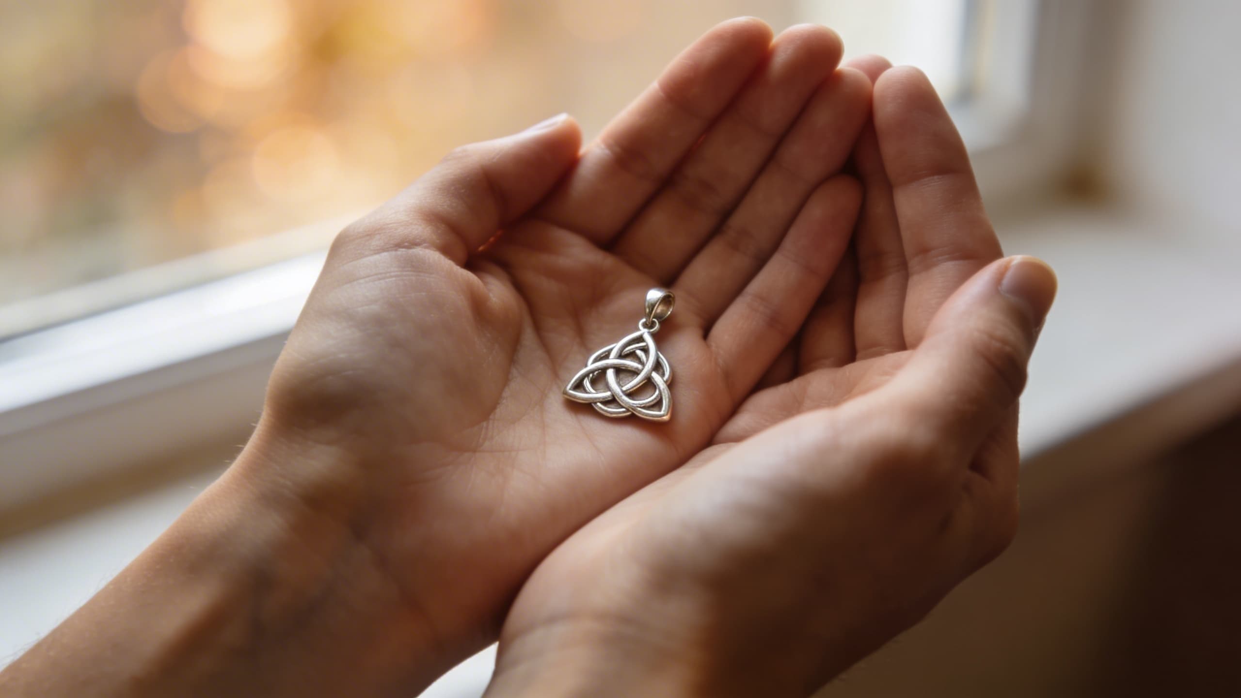 A delicate sterling silver Celtic trinity knot cremation pendant held gently in two cupped hands, soft natural bokeh background, warm memorial photography