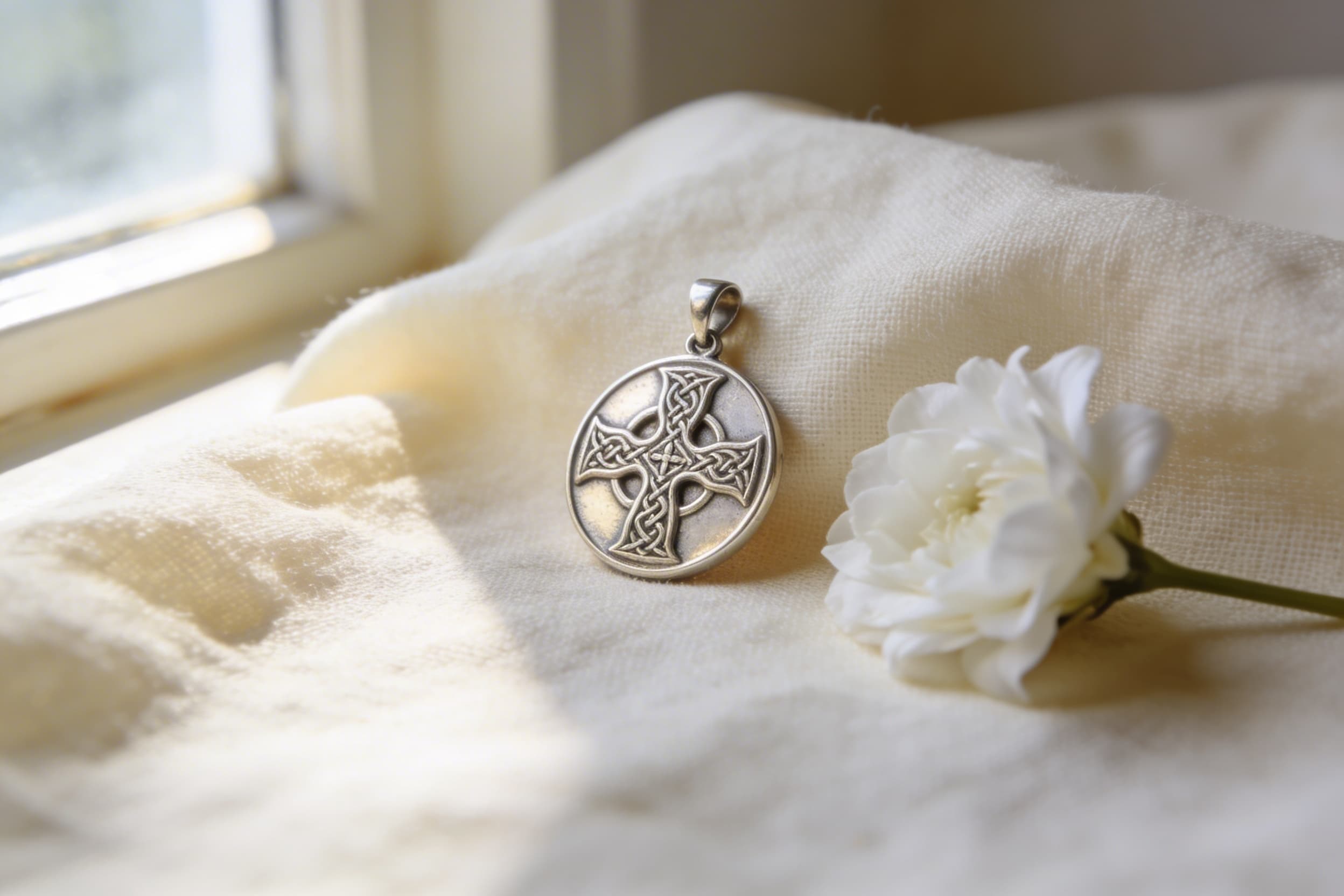 A small Celtic cross cremation pendant in sterling silver resting on pale linen with a single white flower, soft natural light