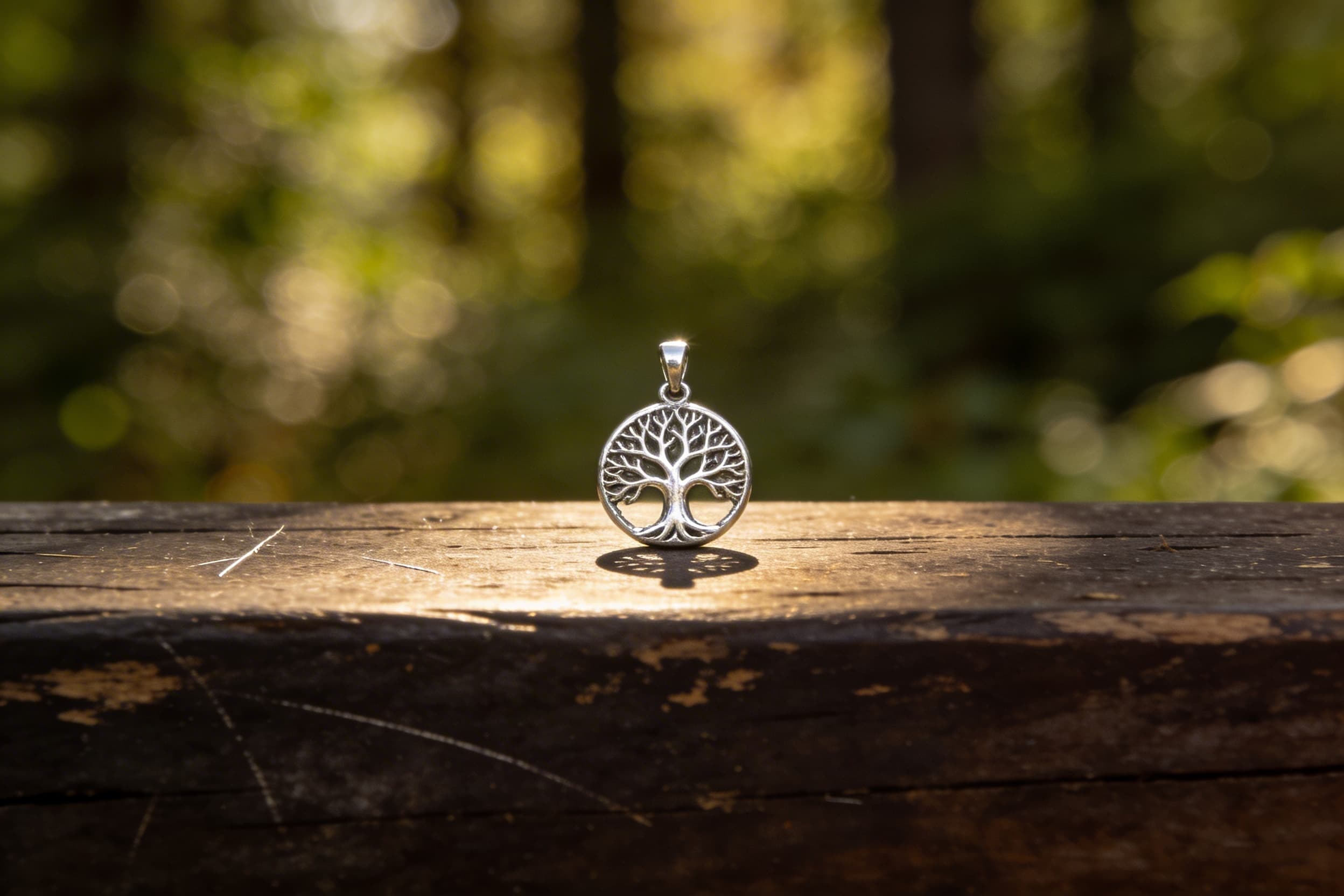 A small tree of life cremation pendant displayed on dark wood with soft bokeh forest background, warm memorial photography
