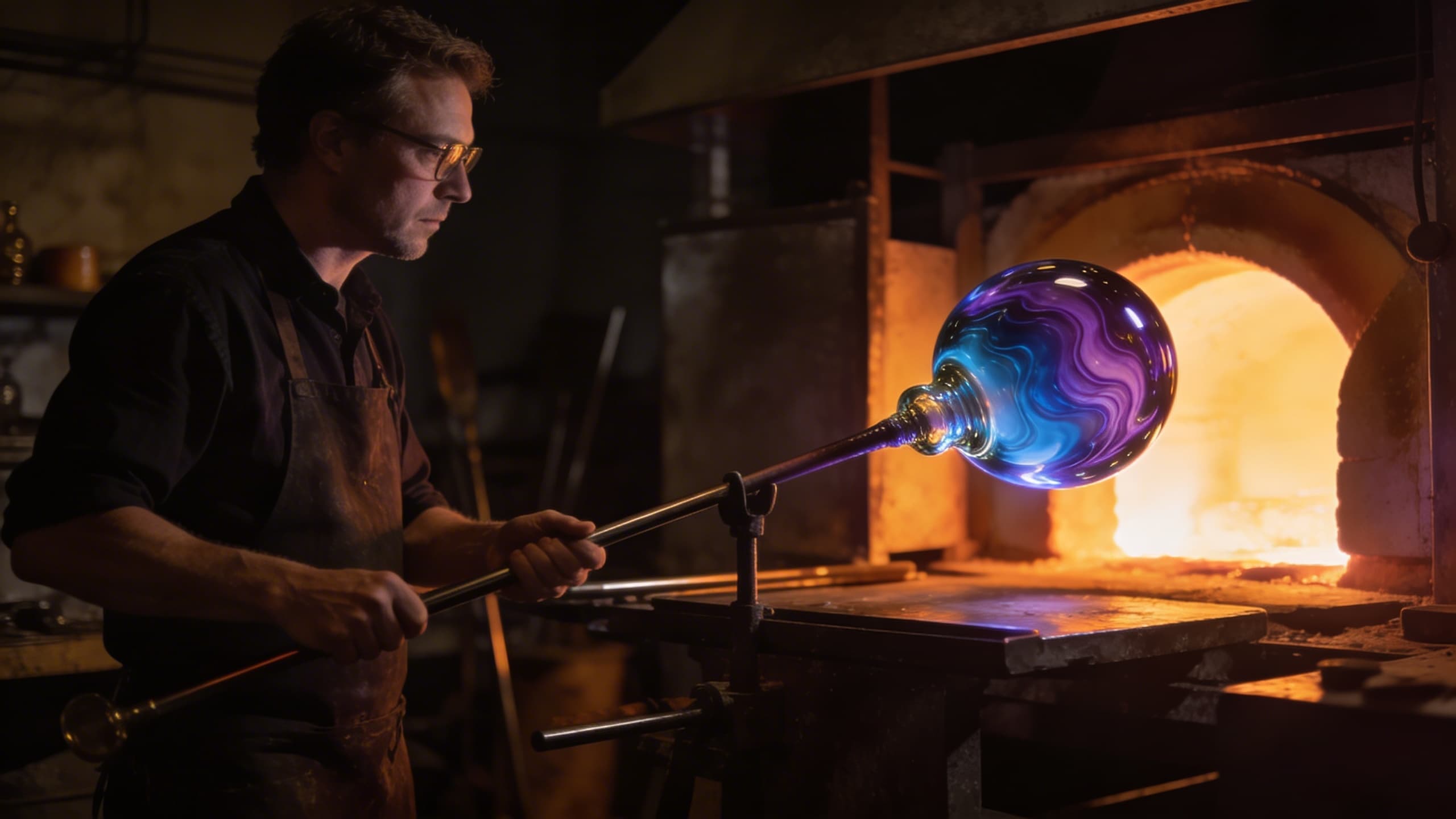 A glassblowing artist shapes luminous, swirling cremation glass art in warm amber studio light