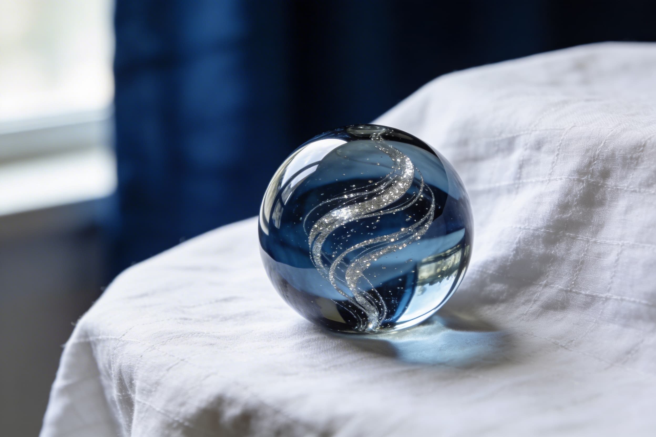 A luminous handblown glass orb in deep ocean blue and purple swirls sits on a polished walnut surface, glowing in warm window light