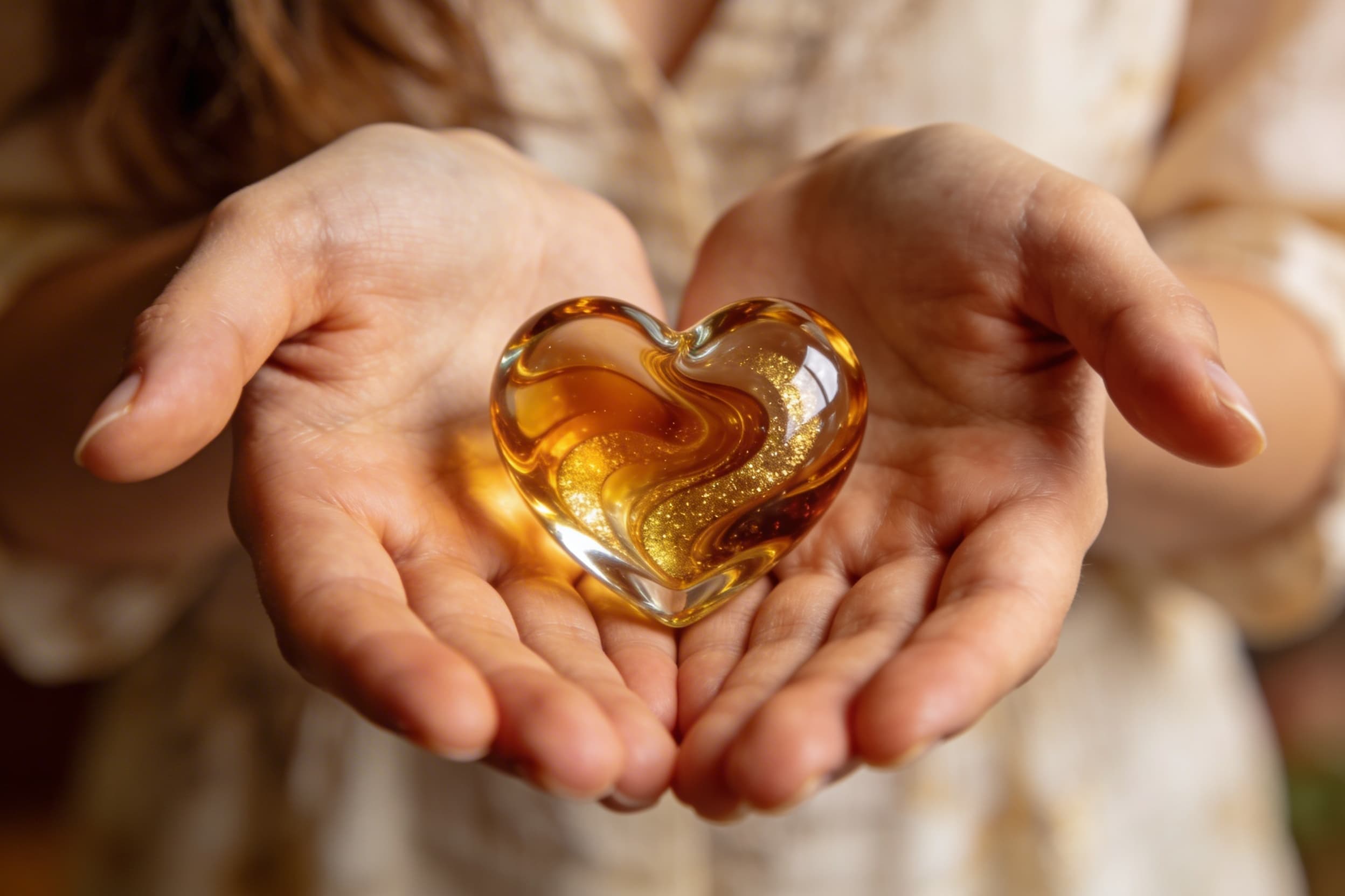 A woman gently cups a small luminous glass heart memorial keepsake in her open palms, warm natural light from a nearby window