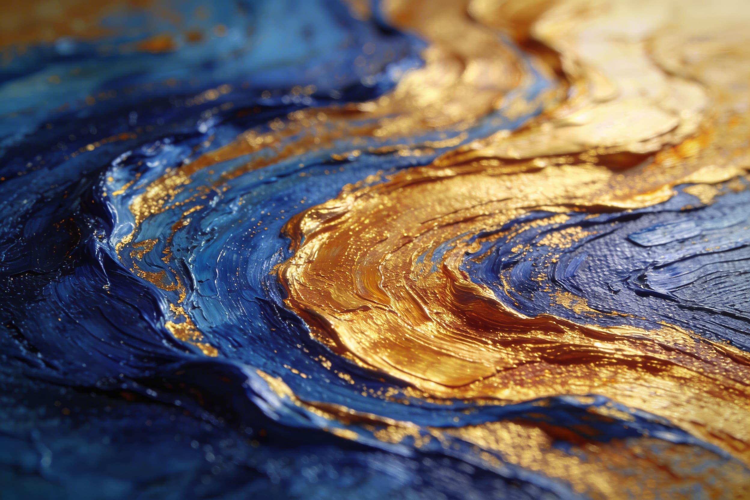 An artist's hands hold a fine paintbrush over an oil painting with textured swirling colors, a palette and small sealed vial beside them on the studio worktable
