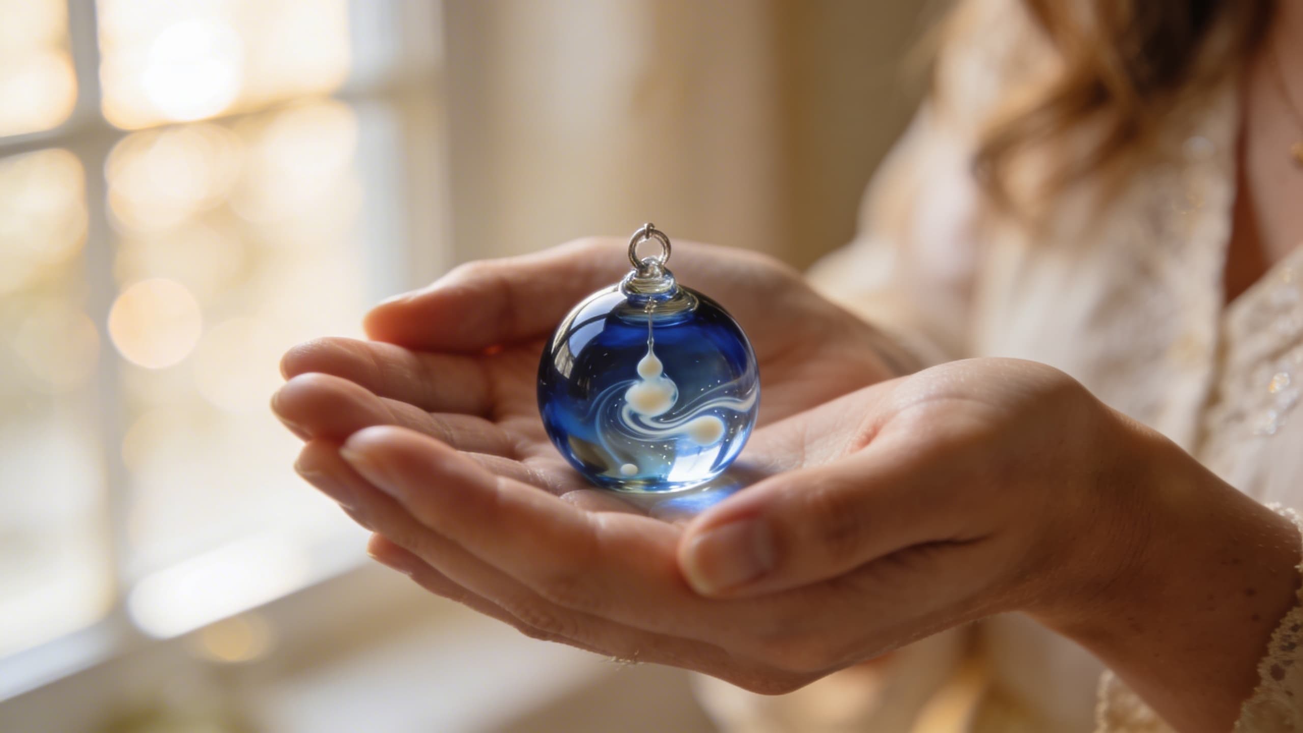 A delicate glass cremation pendant glowing with soft blues and warm whites, held gently in a woman's cupped hands against a soft-focus background