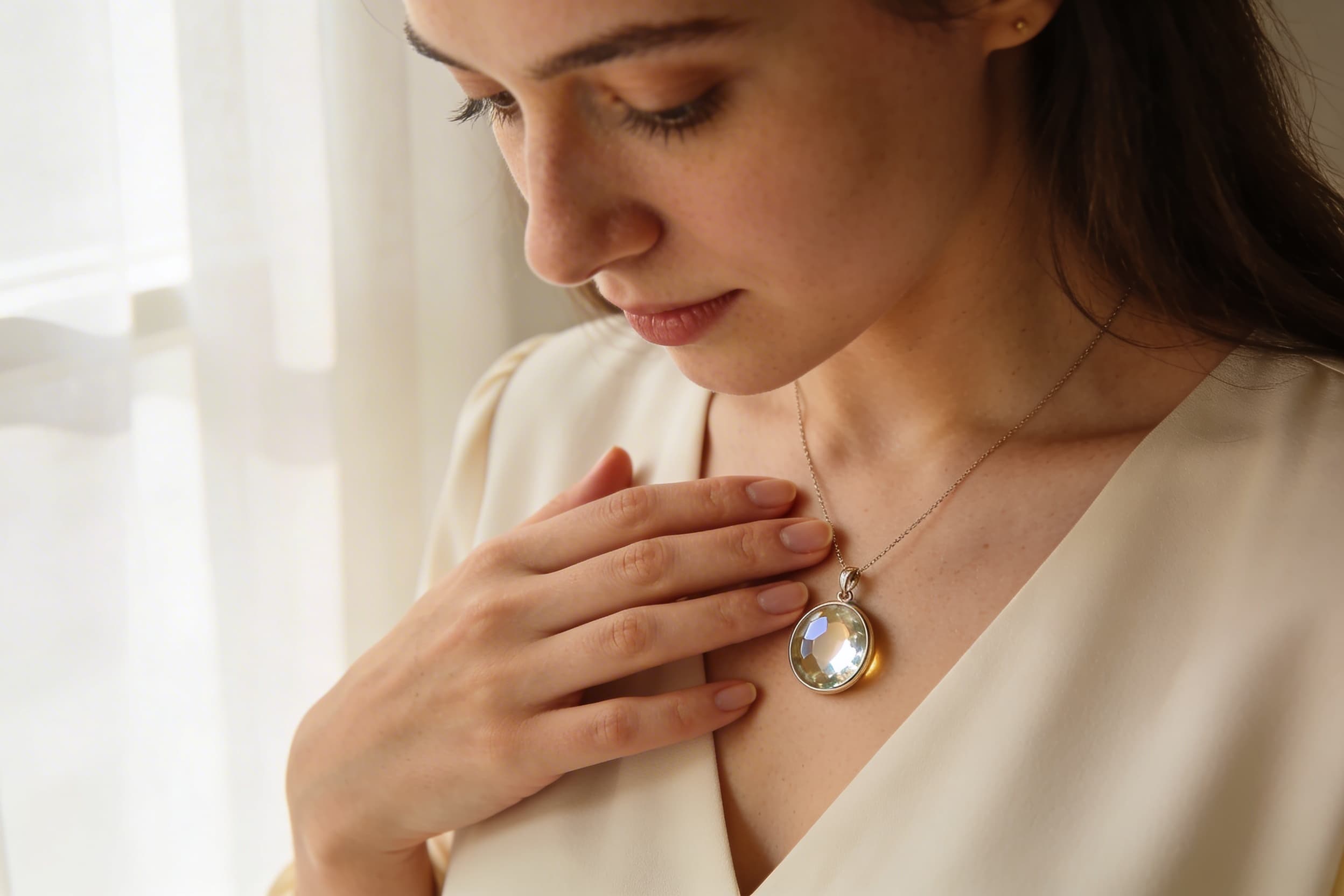 A woman holding a delicate round glass cremation pendant near her heart, soft natural window light in the background, emotional and intimate portrait