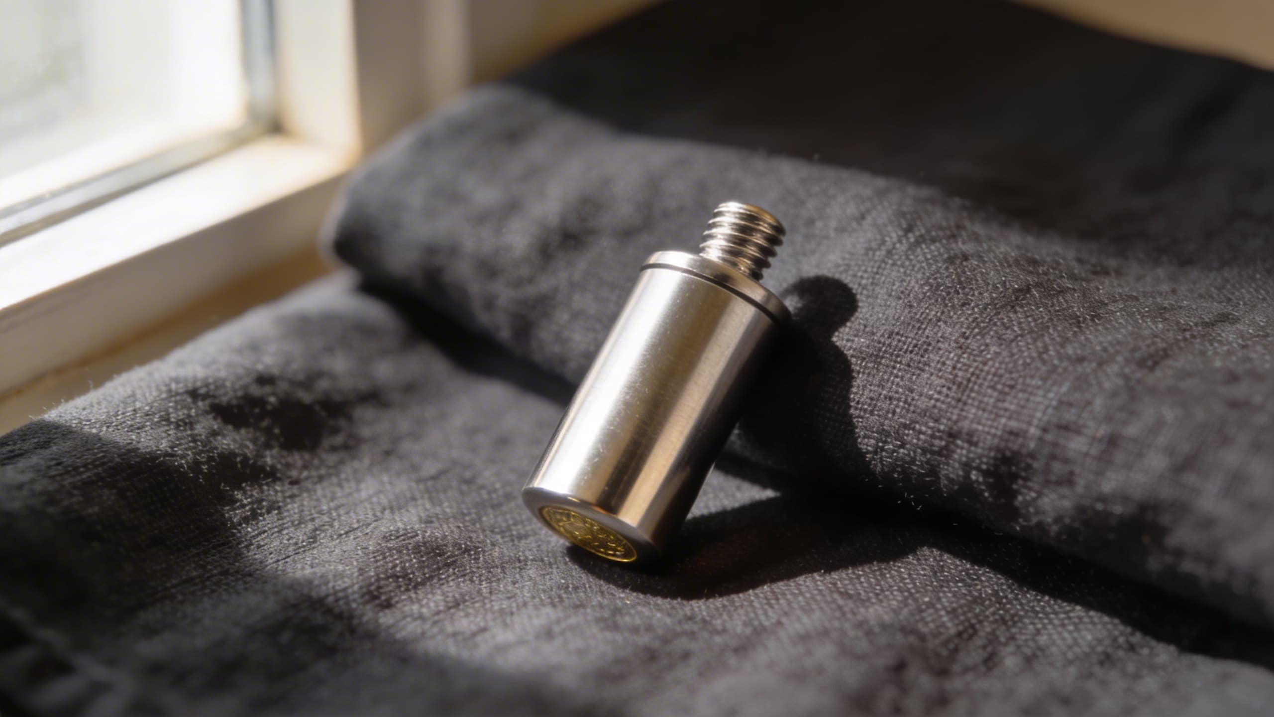 A stainless steel cylinder cremation pendant resting on a dark linen surface beside a folded leather wallet, soft natural light from the side