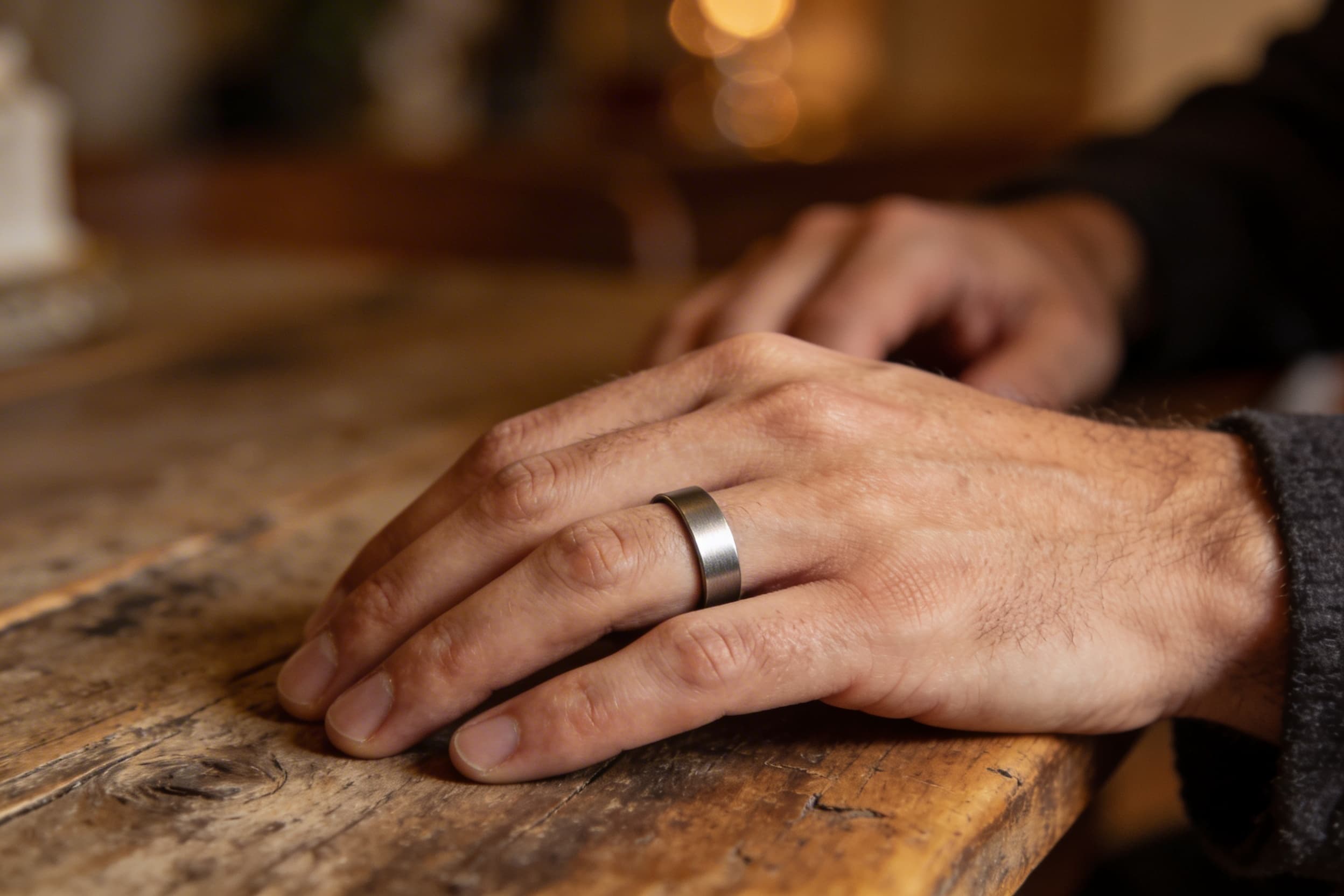A man's hand resting on a wooden table surface, wearing a simple matte stainless steel band ring, soft warm indoor lighting